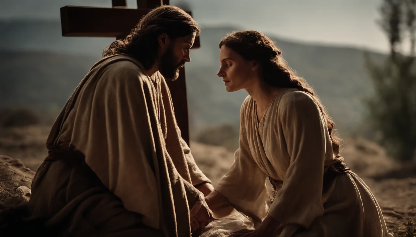 Crie com detalhes uma cena tocante em que uma senhora, with a visible expression of relief on his face, her eyes are closed and tears are streaming down her cheeks as she is healed by Jesus, who has his hand stretched out over it. Explore the sensations you are experiencing in this time of healing, describing your emotions, the surrounding vibrations and the faith-charged atmosphere that surrounds this unique and powerful experience."