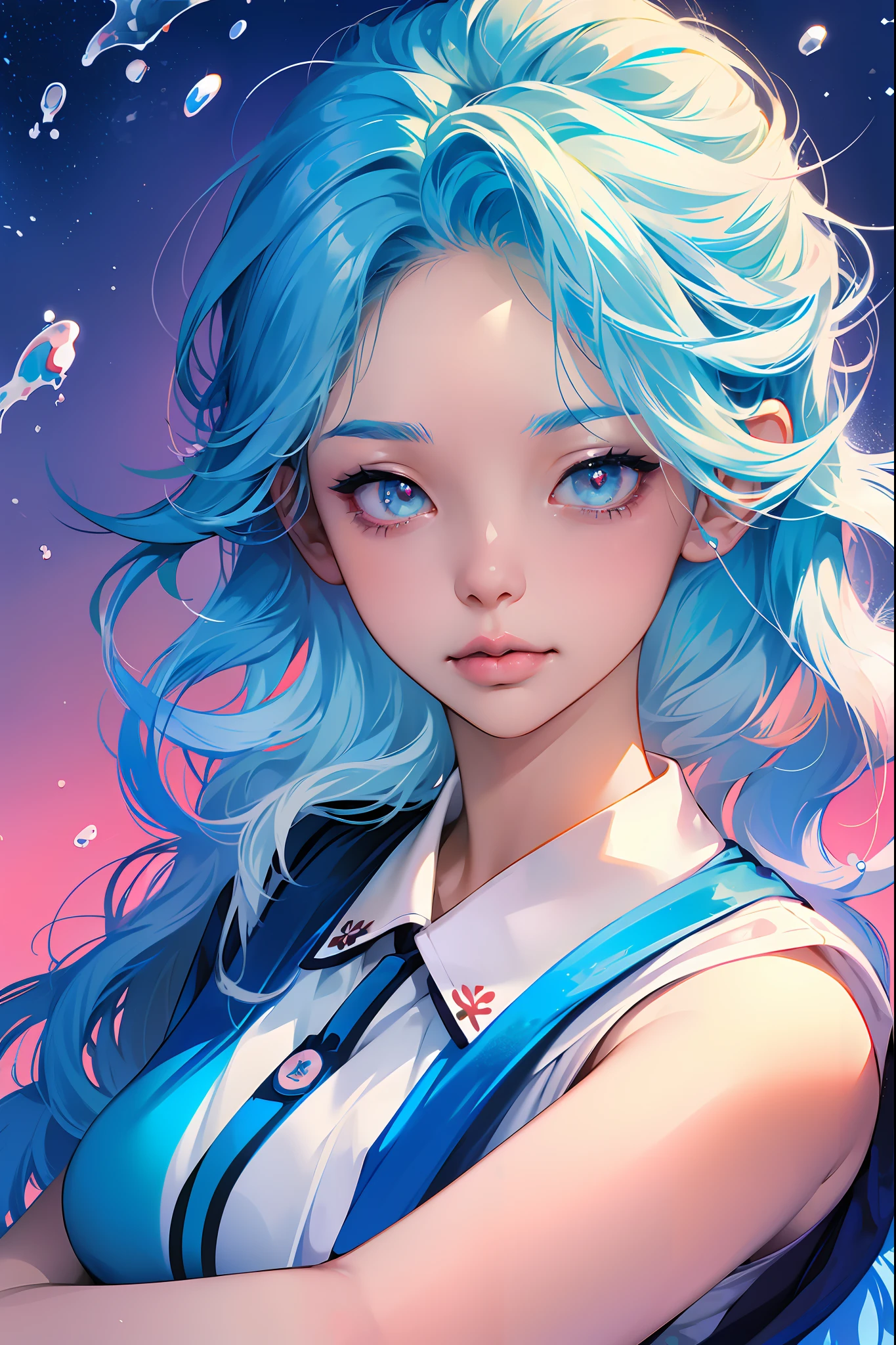 (Masterpiece, Best Quality, High Resolution), White Background, Acrylic Paint, ((Color Splash, Splash of Ink, Color Splash)), Sweet Chinese Girl, Long Light Blue Hair, [Light Blue|Pink] Hair, Curly Hair, Glitter, Peach Lips, White Shirt, Front, Upper Body