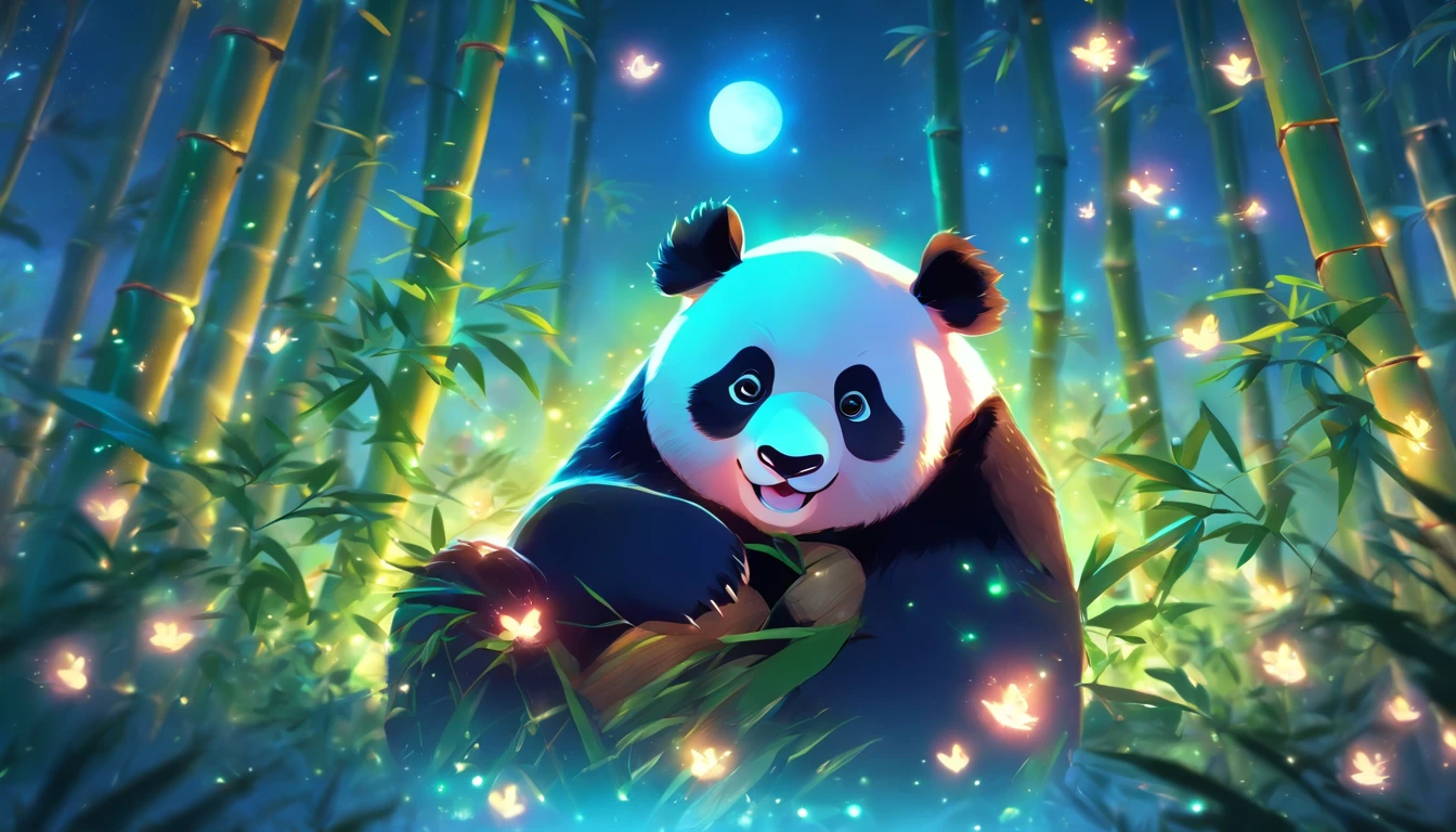 KIDS ILLUSTRATION,Silent night, Quiet bamboo forest, Bamboo leaves fall in the wind,Cute and cute giant panda,fatty, Full moon in the sky, fireflies flying,((oc rendered))