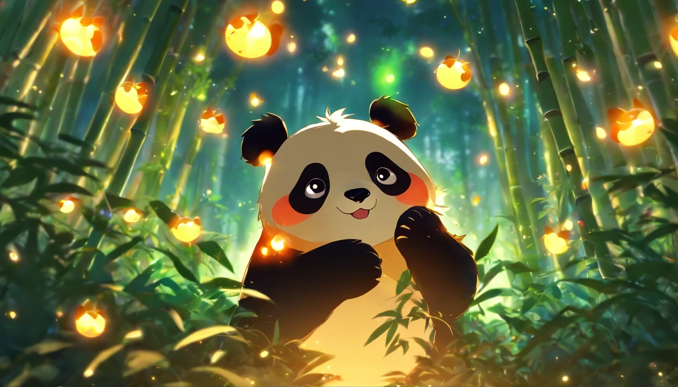 KIDS ILLUSTRATION，Silent night, Quiet bamboo forest, Bamboo leaves fall in the wind,Cute and cute giant panda，fatty， Full moon in the sky, fireflies flying，（（oc rendered））