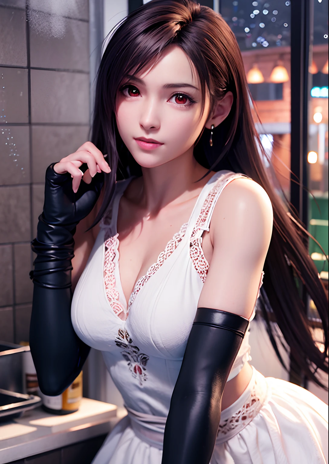 （，Be red in the face，20yr old，Long narrow eyes）（realisticlying： 1.4）， 独奏， top-quality， Very fine and beautiful， k hd， 1girll， ff Tifa_lockhart， ssmile， cowboy lens， Harnes， Low Waist， （white dresses，Long black stockings），in bathroom，Shower spray，Show on the，It was raining outside the window， brunette color hair， Be red in the face，perspire，long whitr hair， gloves on the elbow， Beautiful detailed red eyes， Face light， cinmatic lighting， nabel， （： 1.0）， Old bar， The background is blurred out， Fluttering hair， Adult beauty，Eat fingers，