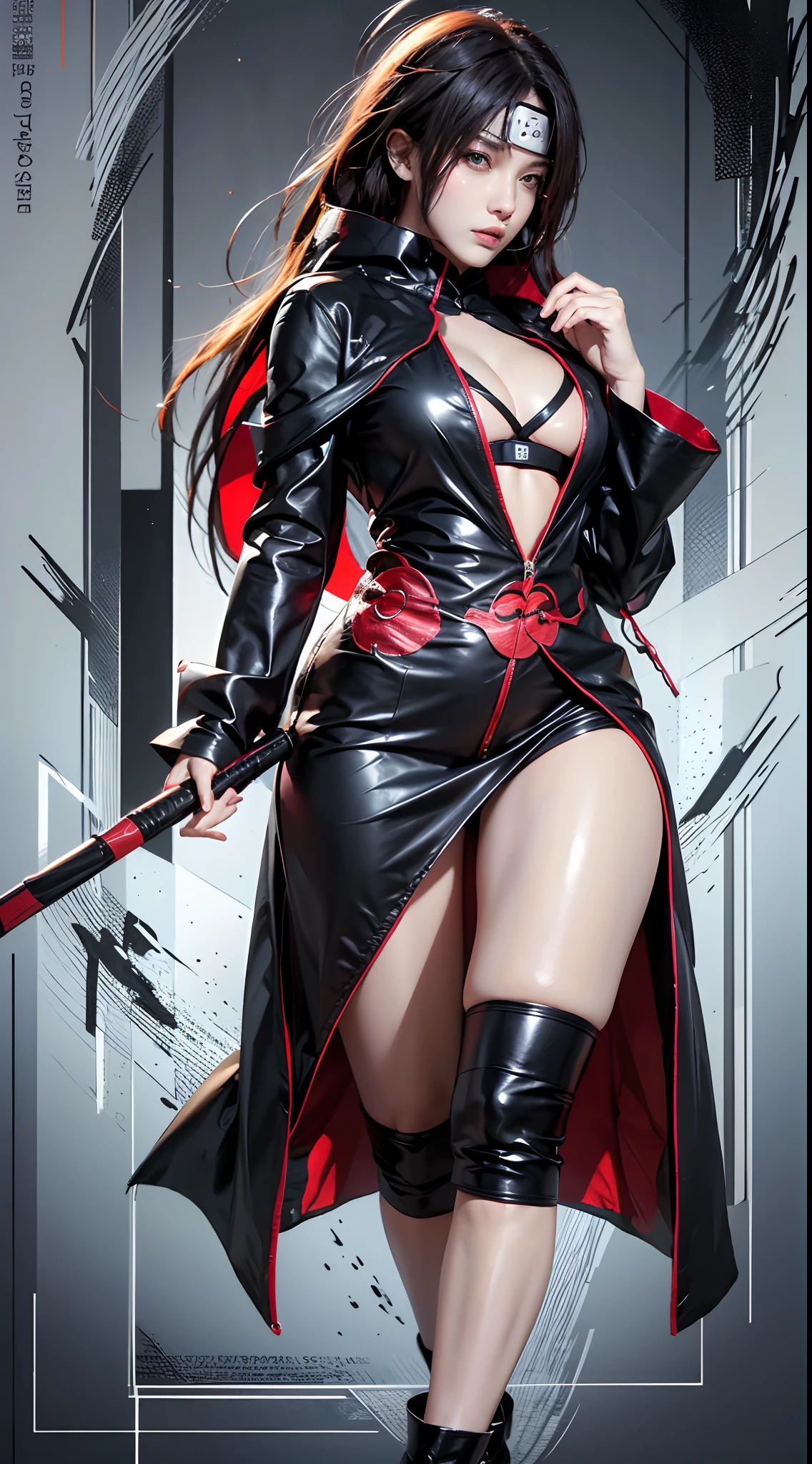 Best quality, masterpiece, high resolution, (perfect body shape), 1girl, detailed face, thick thighs, AKATSUKI OUTFIT, ninja, black cloak, black coat, forehead protector, sharingan eyes