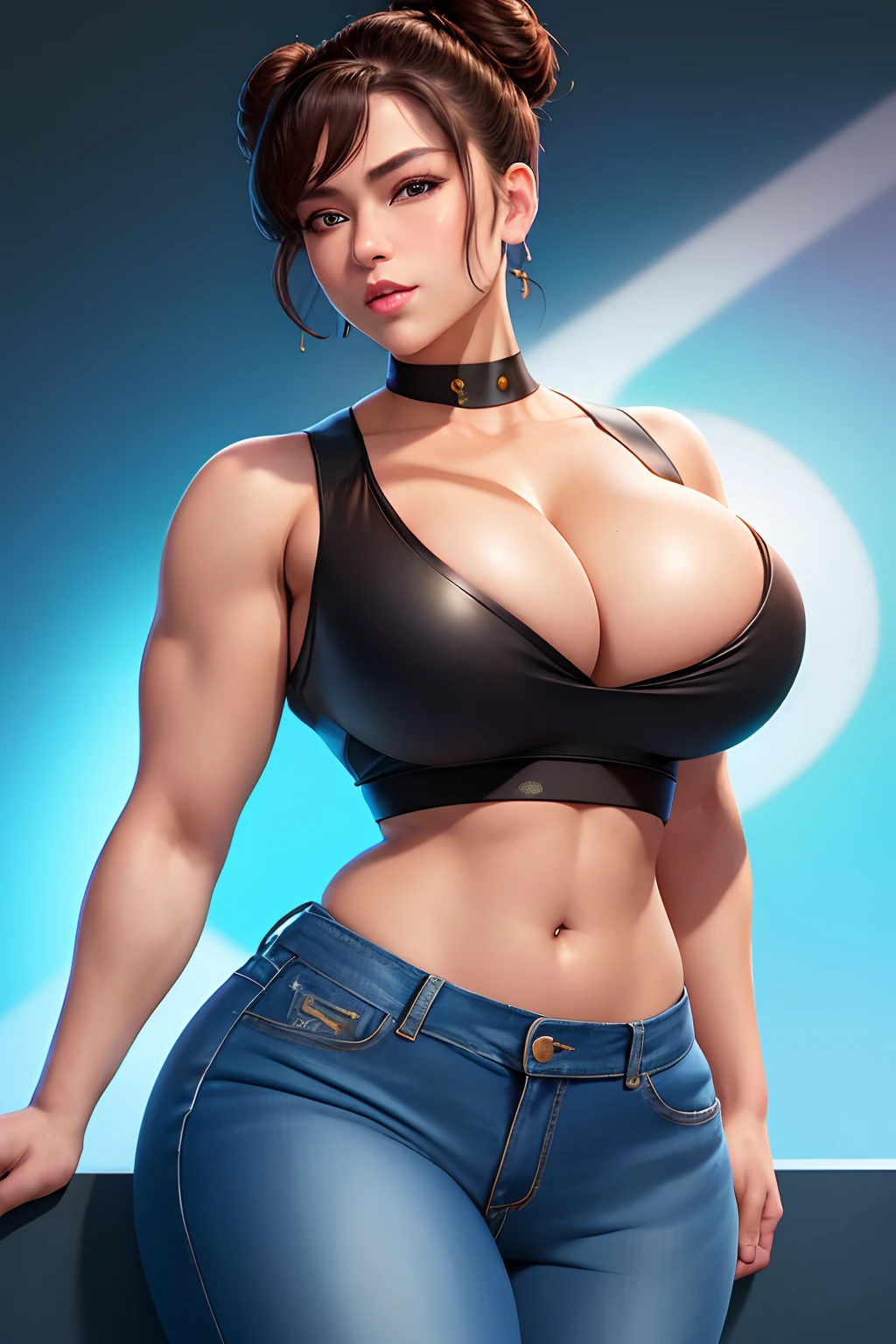 Chun Li Street Fighter wearing ripped lowrider jeans and a tight crop top, art by Artgerm, anime half-body portrait of a model ((HH-size breasts, very Thick thighs, athletic build, feminine form, lythe body, black hair, twin buns, 20 years old, cleavage)) wearing a crop top, wearing ripped lowrider jeans, cheerful smile, 4k, beautiful woman with soft blue eyes, key light reflected in the eyes, posing for the camera, painted background, studio portrait, soft light, bezel lighting, shimmer in the eyes, bokeh background, picturesque, 8K, HDR, RGB, Ultra-HD