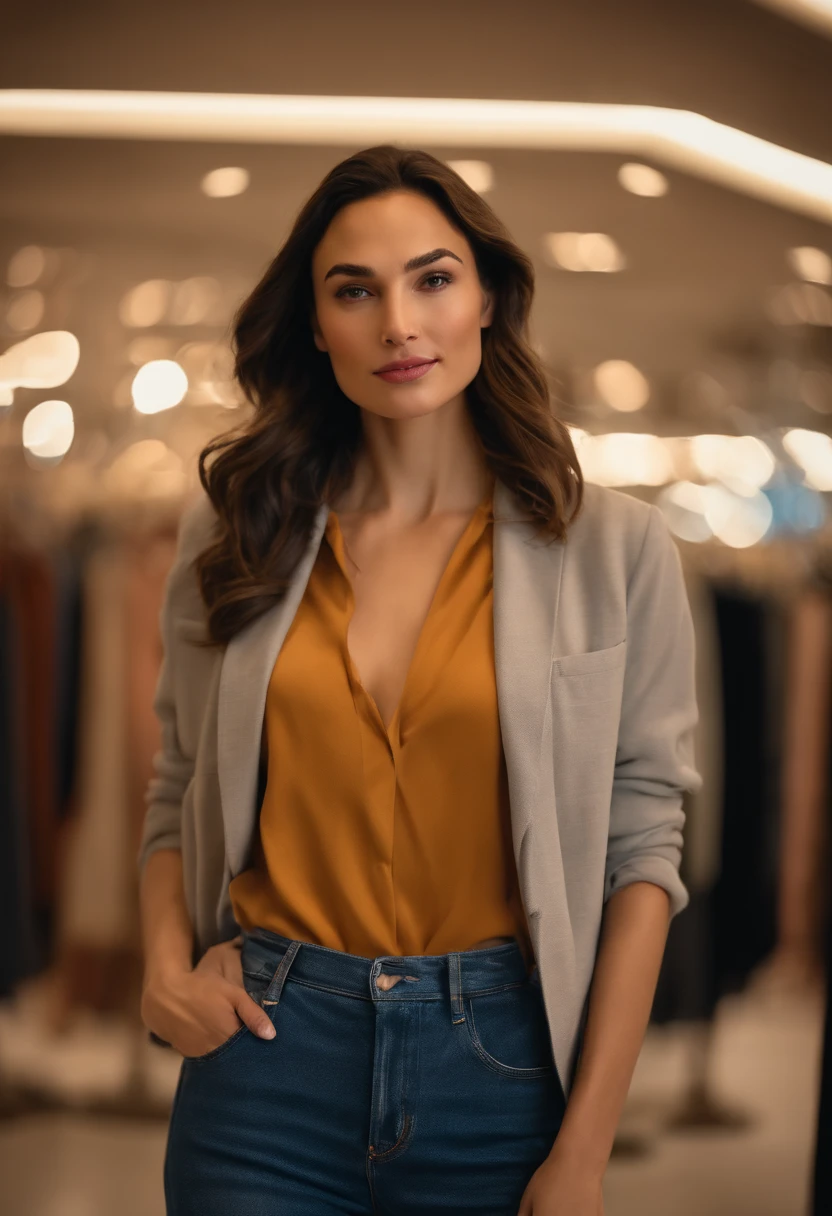 (Gal Gadot) person posing in a mall clothing store, best quality, 1girl, blur background, bokeh, (mall:1.4), ((wearing casual clothes)), beatiful detailed sky, (dynamic pose:1), soft ligthing, wind, ((portait:1.4)),