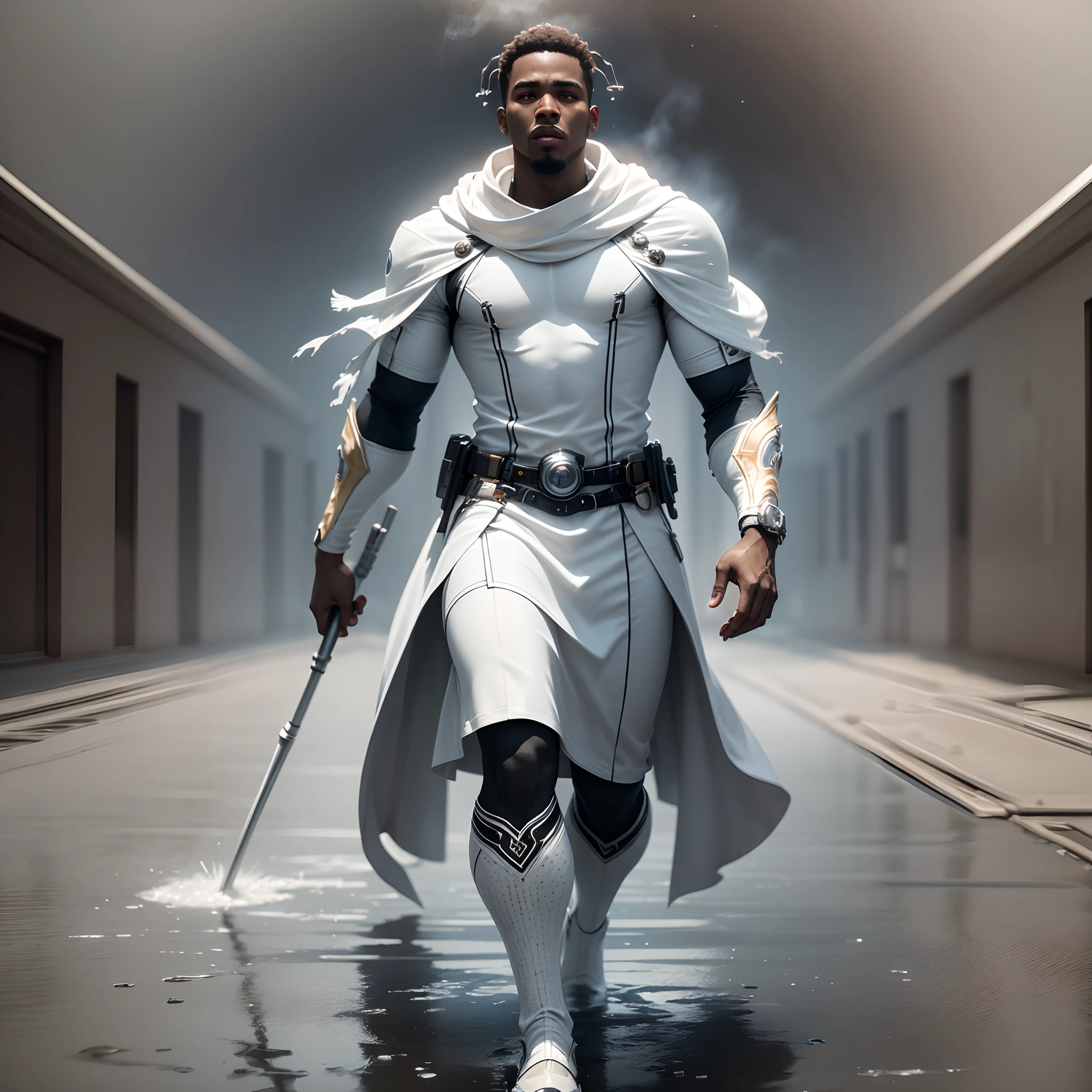 black man dressed in white coloured African designed clothes, walking on a wet surface covered by white smoke, all white coloured in scene, cgsociety 9, sci-fi, with iridescent light, 32k, ultra HD, unreal engine rendered, cinematic lighting, bright and vibrant colours, photorealistic image, --auto --s2
