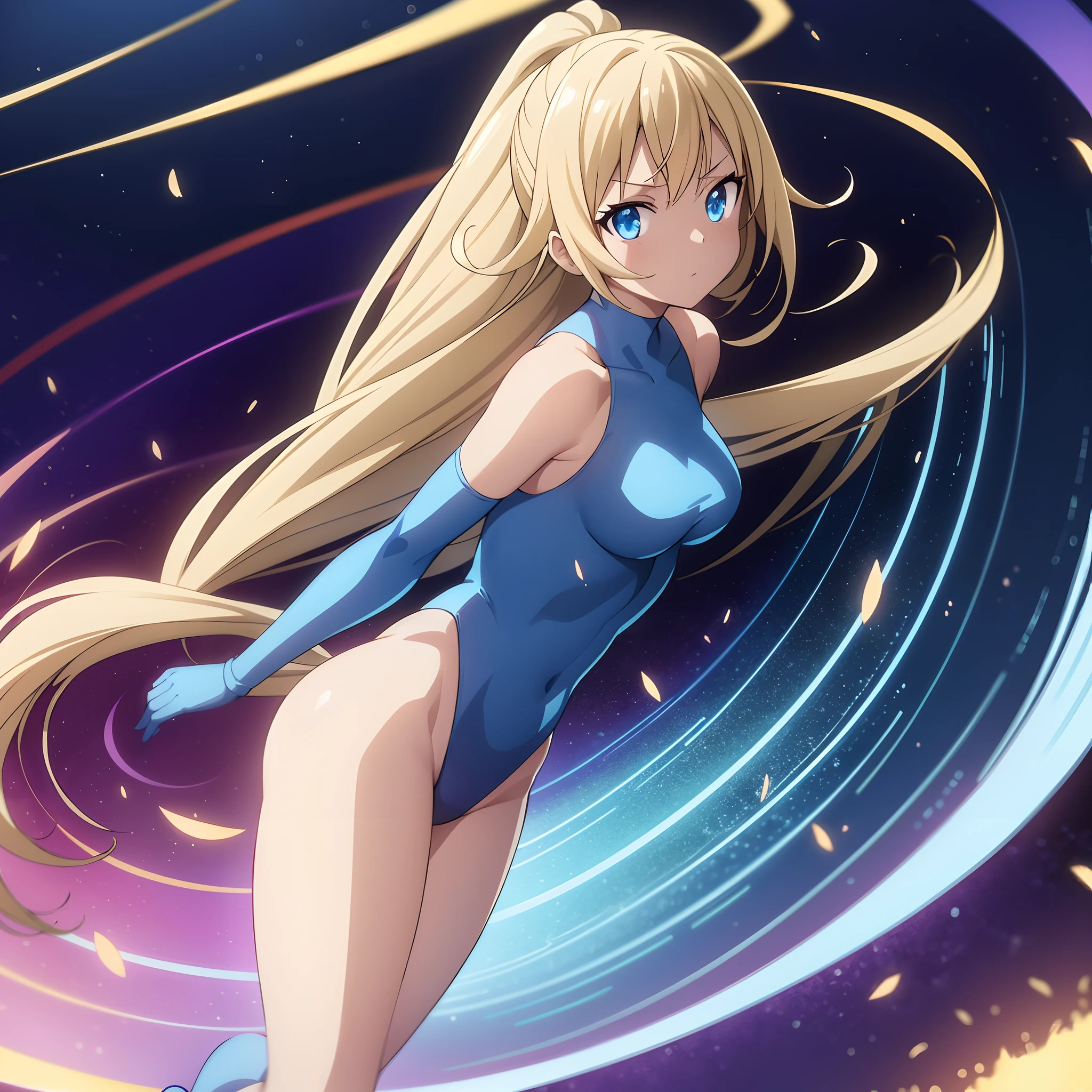 masterpiece, best quality, highres, 1girl, solo, superhero, leotard, bare legs, boots, matching boots, aura, blue aura, sleeveless, gloves, bracelets, matching gloves, looking at viewer, light particles, space backdrop, perfect hands, perfect eyes, powering up, perfect leotard, perfect legs, perfect arms, perfect fingers, blue and white leotard, blonde hair, blue eyes, medium breasts, long hair, spinning, tornado spin, whirlwind spin, wind particles, light swirls, tornado, hurricane spin, time travel, tornado winds, cyclone spin, standing,