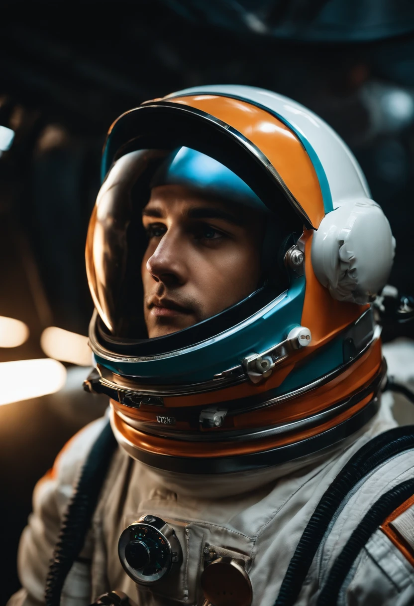 jovem astronauta com capacete nas maos e olhando pra mim