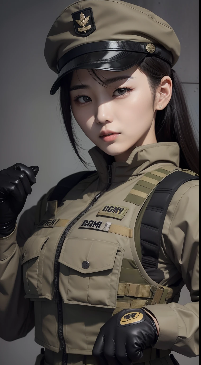 Korean woman, A tough and strong woman wearing army clothing with a bulletproof vest, rank badges, gloves, black glove, cap, look at viewer