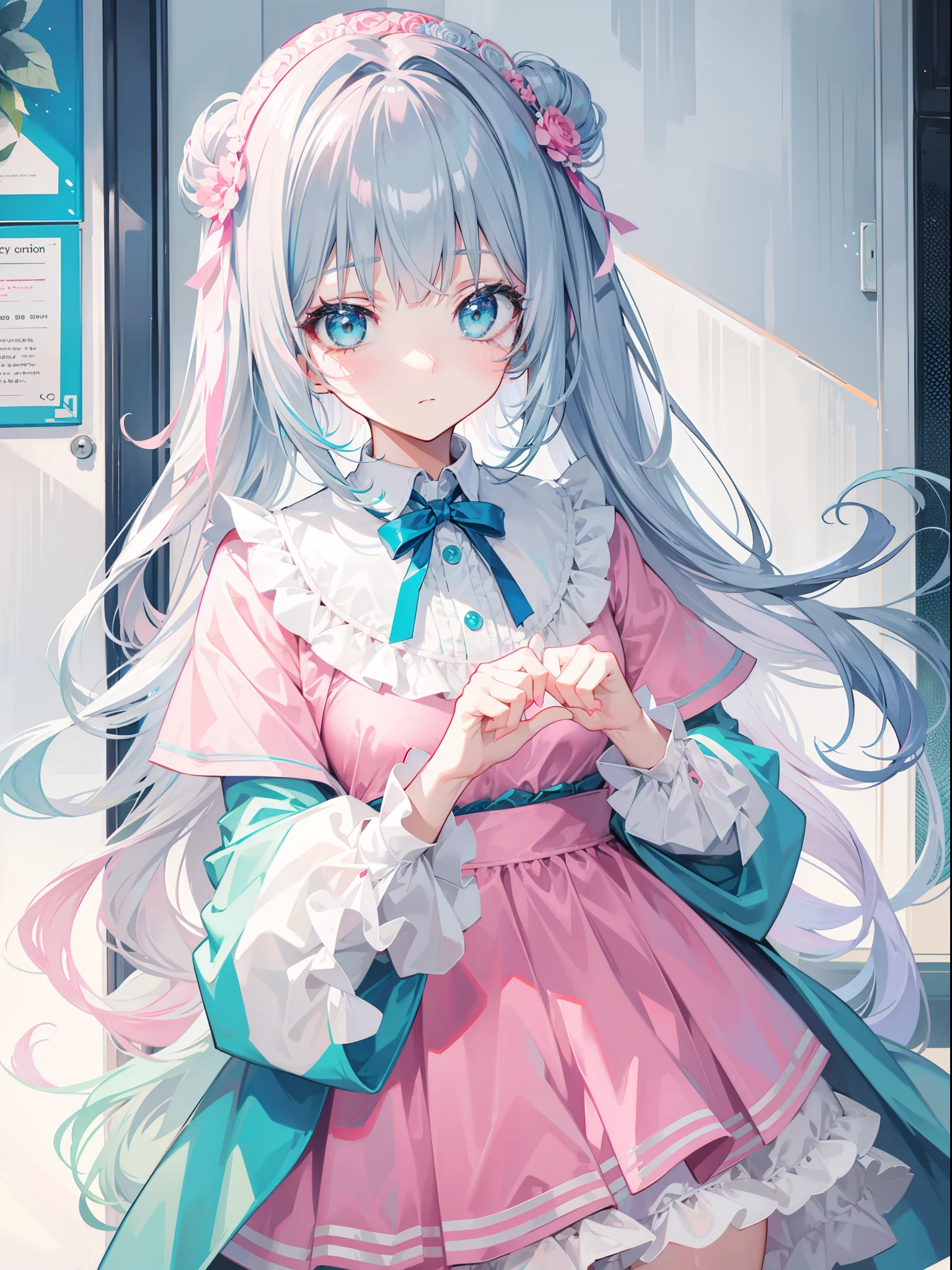 Gray-pink bangs，Blue-green eyes，It's a cute girl