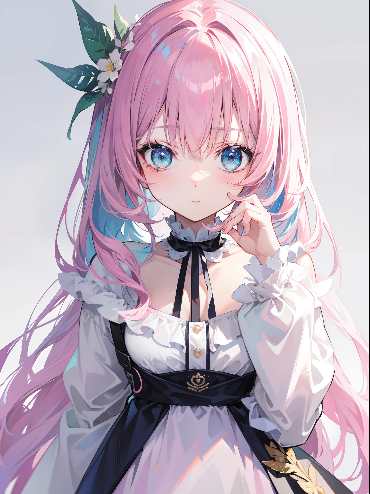 Gray-pink bangs,Blue-green eyes,It's a cute girl