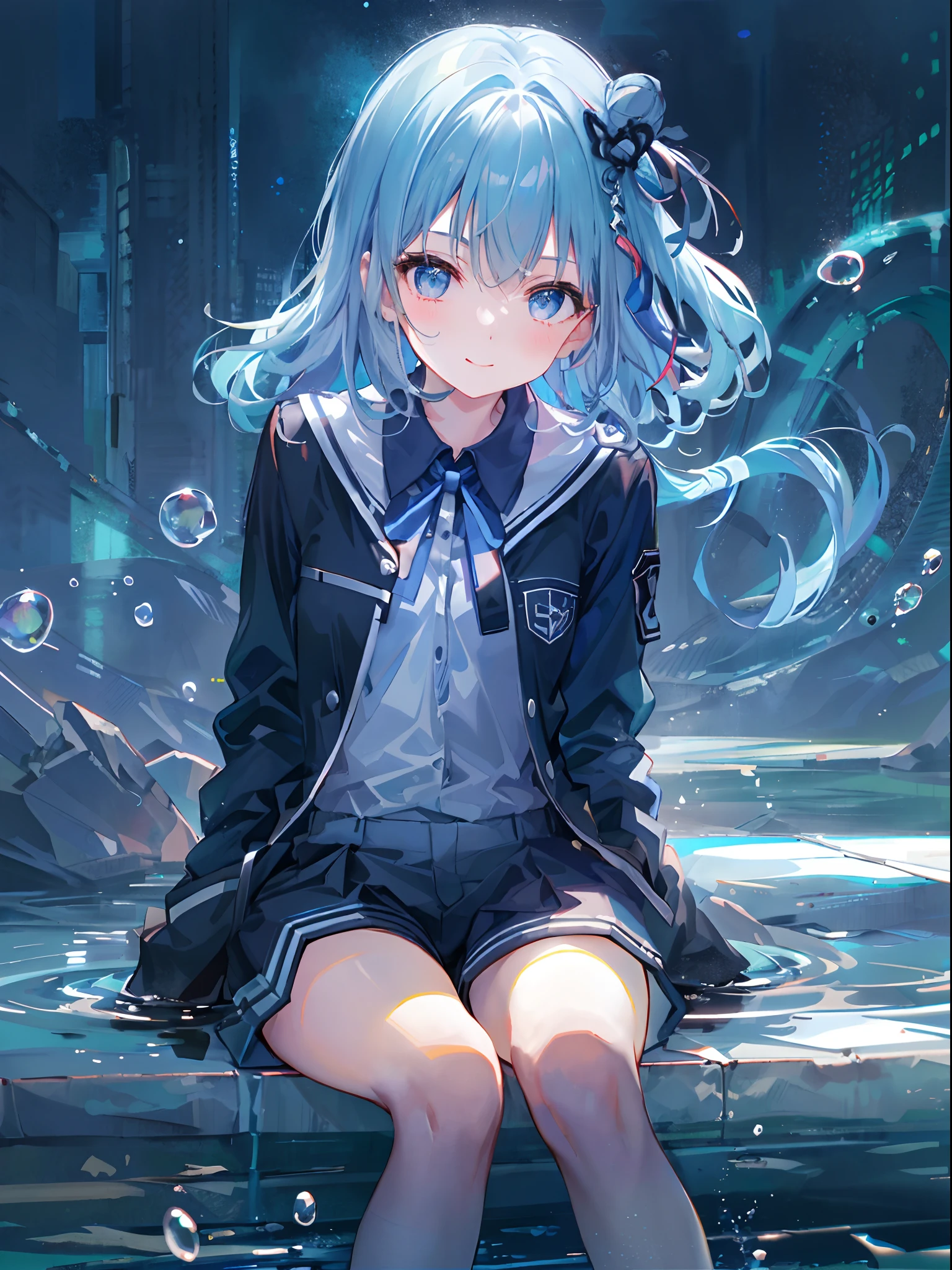 ((top-quality)), ((​masterpiece)), ((ultra-detailliert)), (extremely delicate and beautiful), girl with, 独奏, cold attitude,((Black jacket)),She is very(relax)with  the(Settled down)Looks,A dark-haired, depth of fields,evil smile,Bubble, under the water, Air bubble,bright light blue eyes,Inner color with light blue hair and dark blue tips,Cold background,Bob Hair - Linear Art, shortpants、knee high socks、White uniform like school uniform、Light blue ribbon ties、Clothes are sheer、Hands in pockets, side bun,