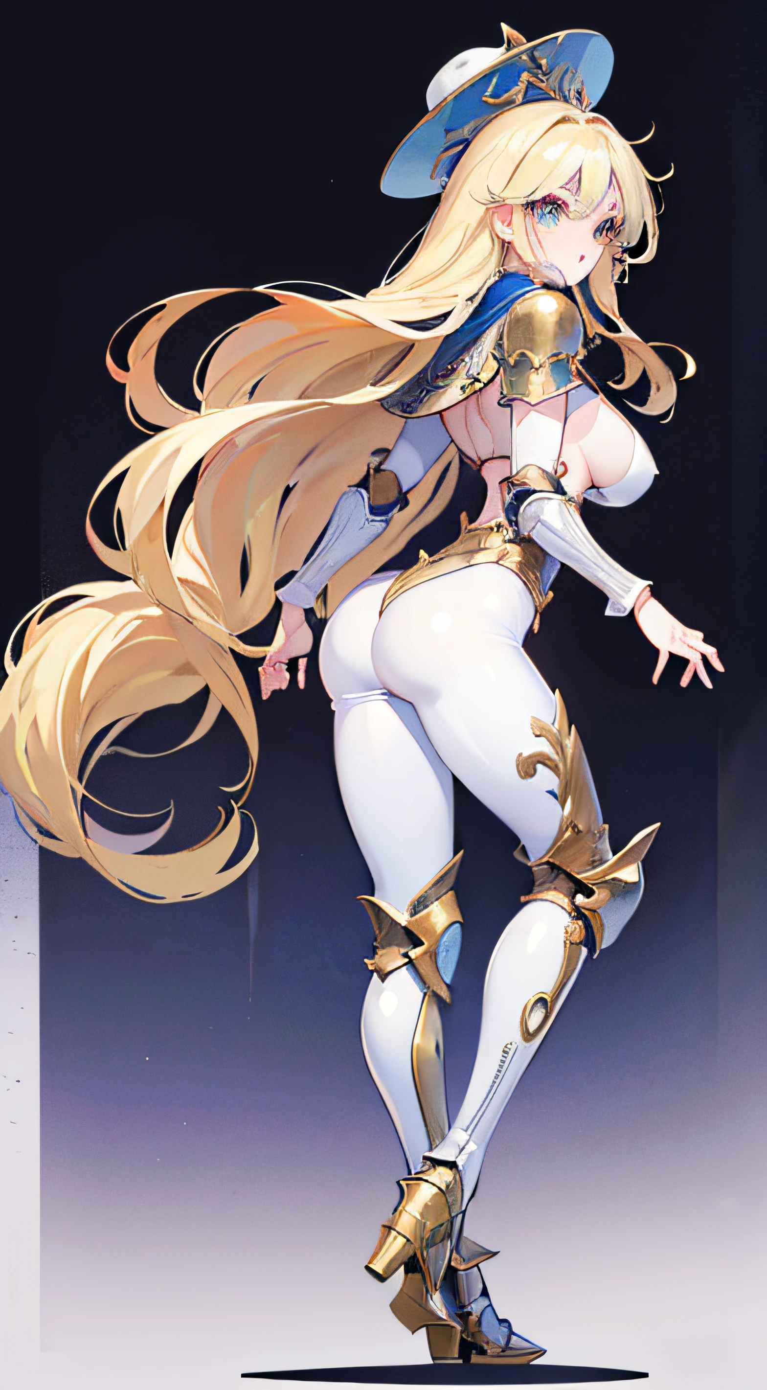「(masterpiece)、best qualtiy、 1girl in、(80s anime style:1.5)、(eye lashes:1.5)、 (intricate high detailed body:1.2)、 blonde hair、 (brow:1.2)、(The long-haired、hair wavy:1.1)、 green colored eyes、 (pale-skinned:1.2)、 (huge tit:1.2), naughty face、 (Metal bodysuit、tits cutout:1.2)、(panthyhose:1.3)、 (knight armor、armored boots、Capelet:1.2)、 a necklace、holy hat、 Standing、Looking Back、 (full bodyesbian、back-view、ass forcus:1.2)、 (simple white back ground:1.3)"