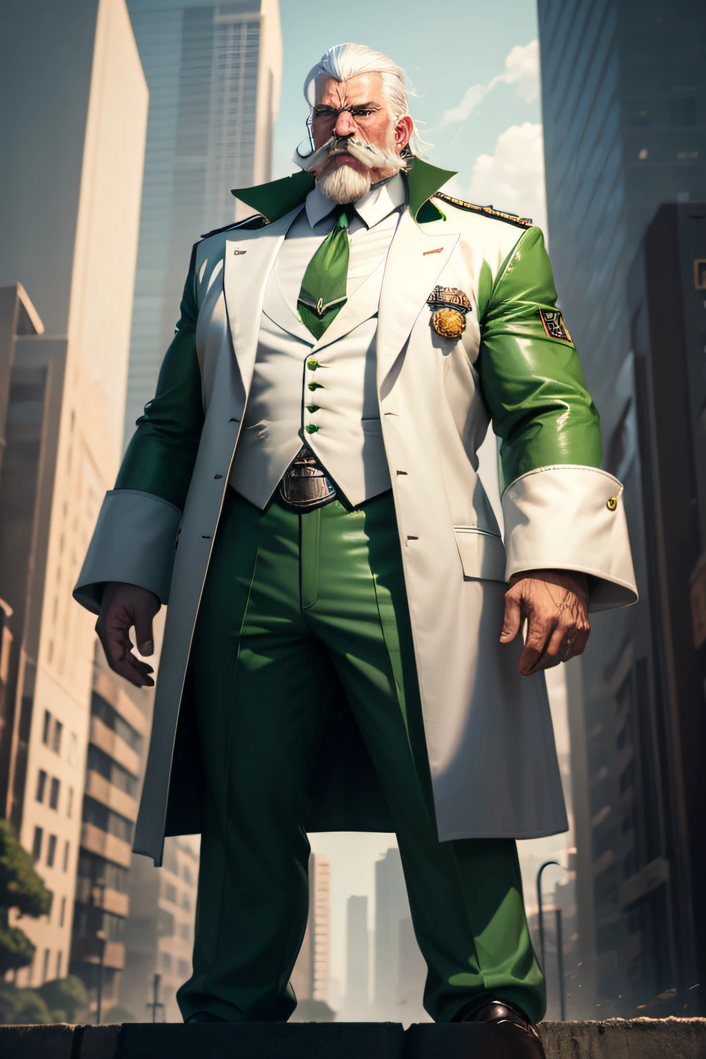 dictator man, white hair, big strong, mustache, green clothes, in a cyberpunk city, looking at the camera, full body
