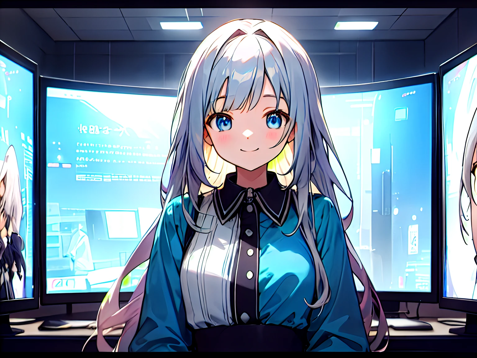 during daytime、s Office、Adult woman in anime using big screen desktop computer、25-years old、Upper body, mid-shot, femele, Detailed eyes, ((One giant monitor in the background)), ,Semi-long hair, Silvery head hair, Bangs,Blouse with collar in blue color、Fashionable、Long sleeves,、frontage、 Smiling smile、