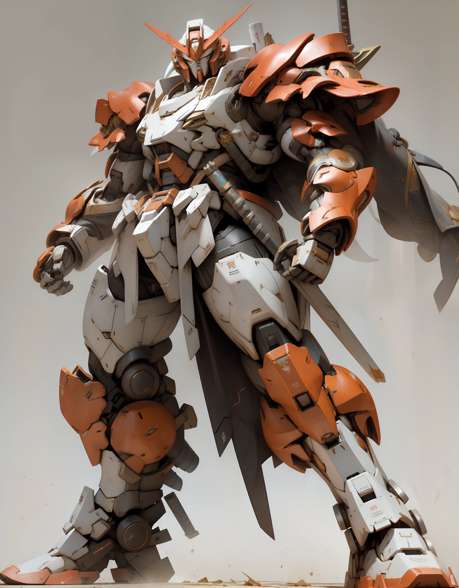 Heavy duty HG00 gundam virtue, ((full body)) samurai element, huge robe ((steel buster)) gundam shape style, bulky, mechanical, muscular, brown and white color, samurai armor, stylish armor design, journal armor, action pose, battlefield background