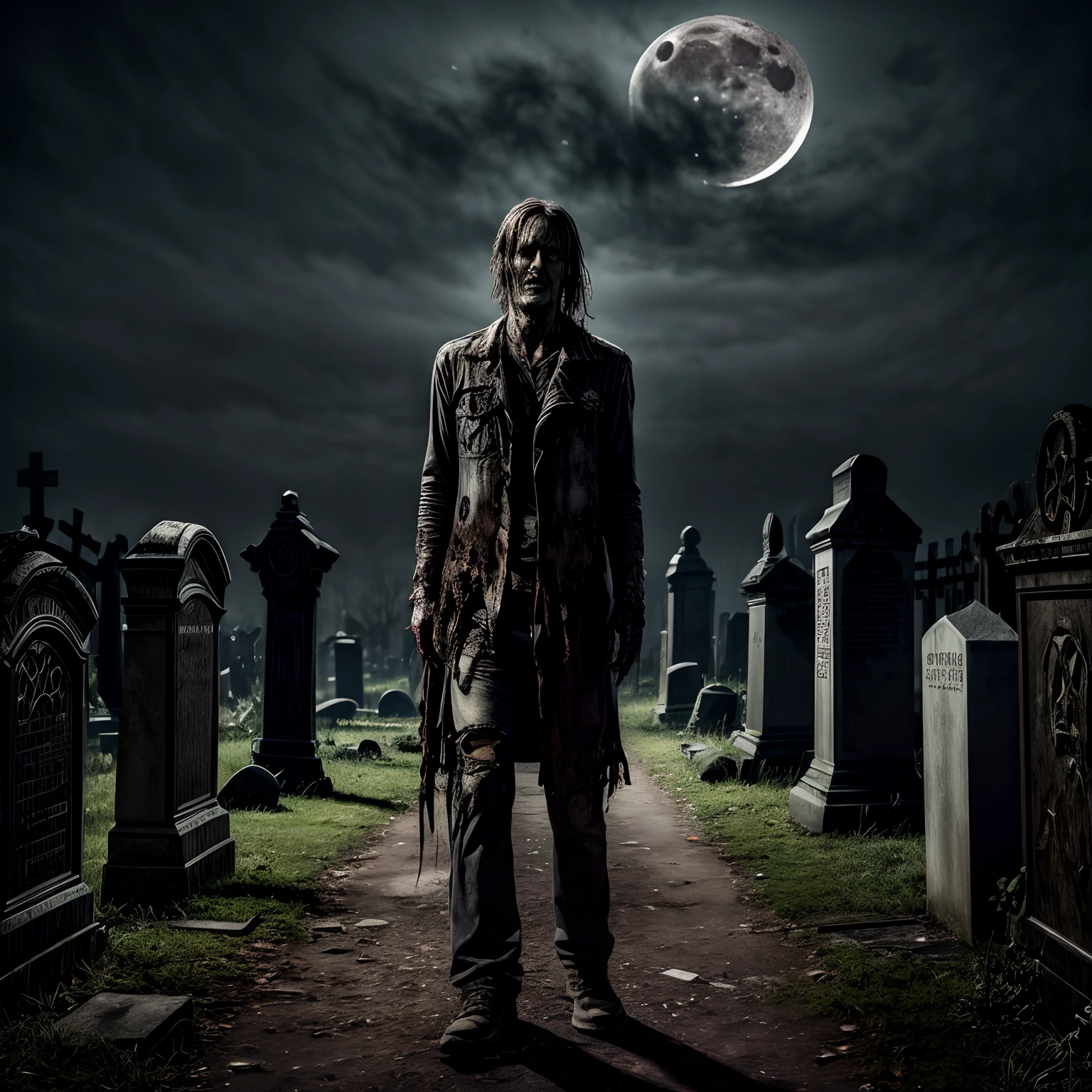 (((Full body))) Rotting corpse zombie walking in a graveyard. Tattered and torn clothing, eyeball hanging out of eye-socket. Dark + Foggy + Crescent Moon + Scattered bones + Hyper-detailed + Hyper-realistic. Scary+++ Biopunk+++