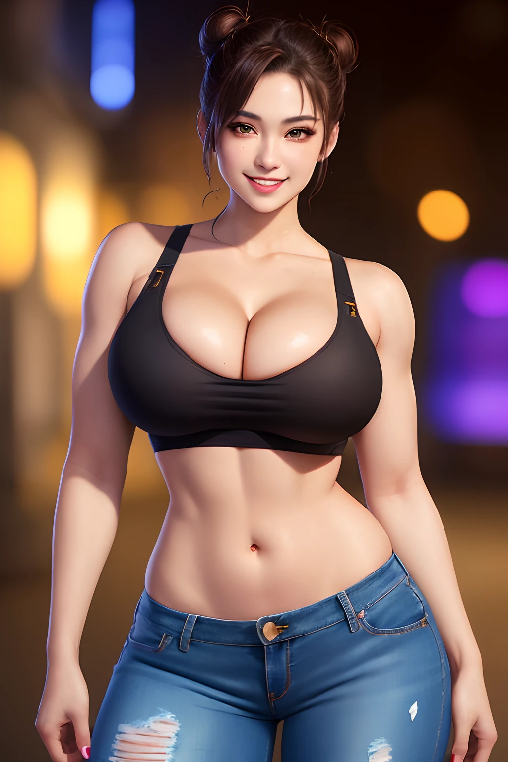 Chun Li Street Fighter wearing ripped lowrider jeans and a tight crop top, art by Artgerm, anime half-body portrait of a model ((HH-size breasts, very Thick thighs, athletic build, feminine form, lythe body, black hair, twin buns, 20 years old, youthful face, cleavage)) wearing a crop top, wearing ripped lowrider jeans, cheerful smile, 4k, beautiful woman with soft blue eyes, key light reflected in the eyes, posing for the camera, painted background, studio portrait, soft light, bezel lighting, shimmer in the eyes, bokeh background, picturesque, 8K, HDR, RGB, Ultra-HD