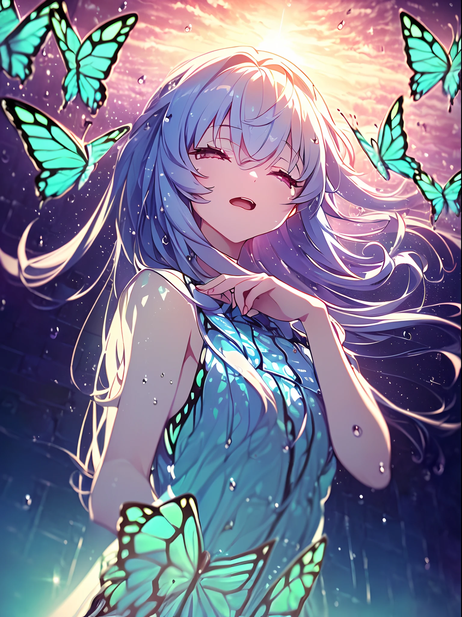 (((ayanami rei))),((((((BREAK,Design an image with a fisheye lens effect, capturing a wide field of view with a distinctive, curved perspective.BREAK,)))))((1girl:1.1,solo,))(masterpiece,best quality, official art,beside to viewers, beautiful and aesthetic:1.3),((ultra high res,golden ratio,)) (4k),((shot from side,dawn,rainbow,raindrops, dreamland,beautiful sky,detailed aurora)),((((square bubbles,))))dynamic lighting, cinematic lighting,((((butterfly mountain,))))(fantasy,)((psychedelic)),((dreamy)),((holographic,))radiosity, physically-based rendering,automatic white balance), technological sense,Amazing,sharp focus,detailed background,rich background, (((high detailed skin,)))dynamic lighting,intricate detailed outfit,glowing eyes,watery eyes,((extremely long hair,hair over shoulders))skiny,slender,smooth beast,sundress with laces,((musical notes)),(masterpiece sidelighting),(bishoujo,lustrous),(sky blue hair,pink eyes,）[[delicate fingers and hands:0.55]::0.85],(detail fingers),(((Ultra Photographic Quality,ultra wide angles)))),((incredibly absurdres,photoreality)),(realilty:0.7),((open mouth,closing eyes,a girl is chanting,put hands together,))((Wariza,upper body shot,floating))Golden rings,((extremely_detailed_eyes_and_face)),(disheveled hair),FilmGirl,(dynamic configuration: 1.2),Brilliant,drifting Nebula,ethereal, glossy ,striking contrast,high saturation
