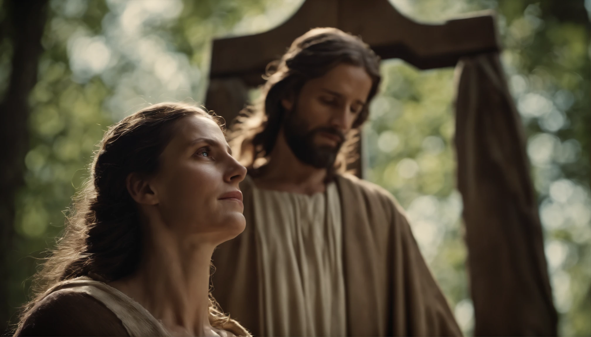 Jesus Protecting Two Children, uma e um meninom manto de luz divino, em um caminho no meio de uma floresta, todos com rostos realistas