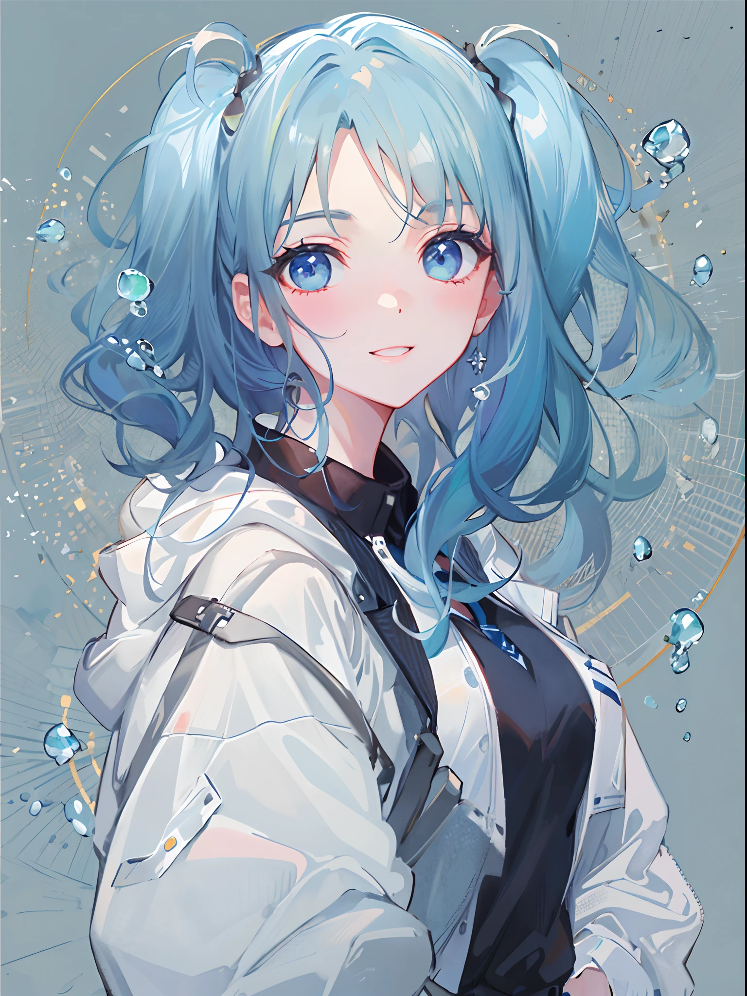 ((top-quality)), ((masterpiece)), ((ultra-detailliert)), (extremely delicate and beautiful), girl with, 独奏, cold attitude,((Black jacket)),She is very(relax)with the(Settled down)Looks,A dark-haired, depth of fields,evil smile,Bubble, under the water, Air bubble,bright light blue eyes,Inner color with light blue hair and dark blue tips,Cold background,Bob Hair - Linear Art, shortpants、knee high socks、White uniform like school uniform、Light blue ribbon ties、Clothes are sheer、Hands in pockets、bun hair