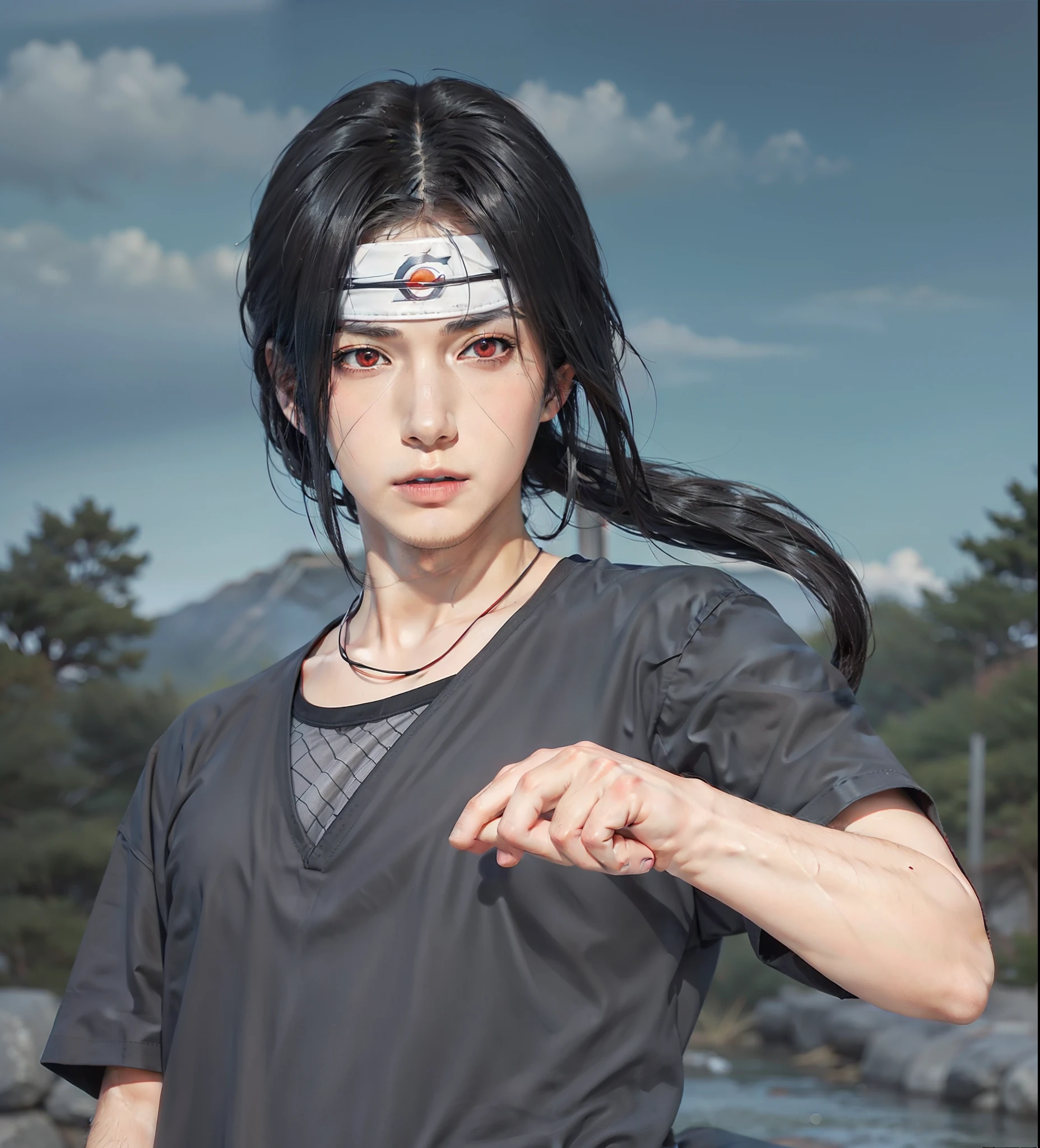 1man, uchiha itachi in anime naruto, long hair , black hair, red eyes, handsome, grey clothes, realistic clothes, detail clothes, outdoor background, ultra detail, realistic