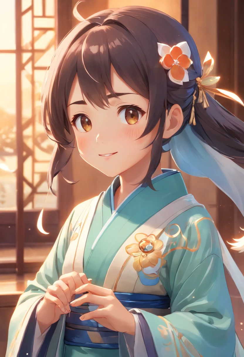 Super cute girl,Dressed in gorgeous Hanfu,Little vixen,anthropomorphic turtle,Bubble Mart wind,Wear an elegant cloak,A sweet smile,White fur,Large bright eyes and fluffy tail,Clouds float gently,Extremely detailed 3D animations,Super realistic,super detailing,Luxury cinema lighting,Octave light,Octane butane,zbrush,Blind box figures