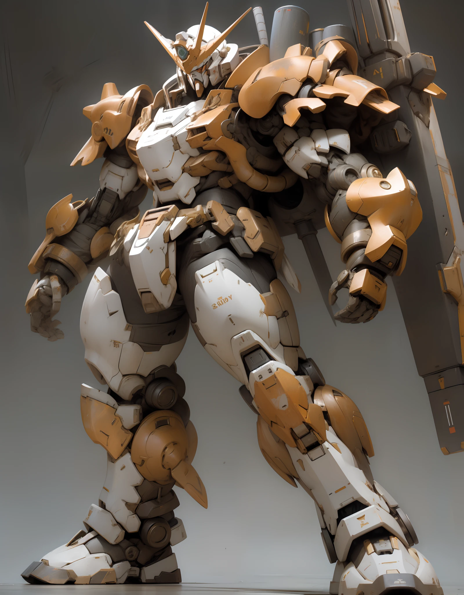 Heavy duty HG00 gundam virtue, ((full body)) samurai element, huge robe ((steel buster)) gundam shape style, bulky, mechanical, muscular, brown and white color, samurai armor, stylish armor design, journal armor, laying on the bed pose, battlefield background