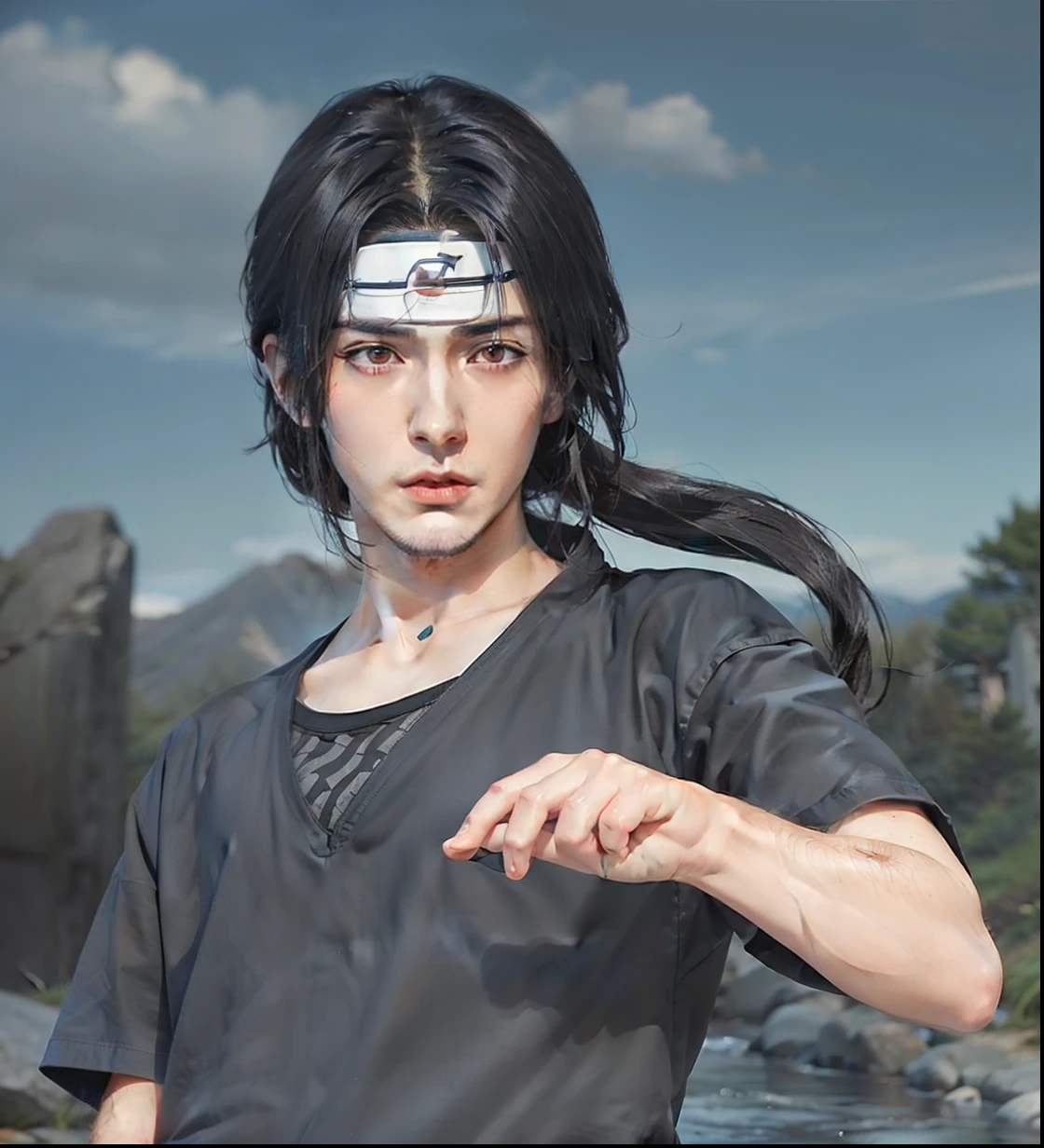 1man, uchiha itachi in anime naruto, long hair , black hair, red eyes, handsome, grey clothes, realistic clothes, detail clothes, outdoor background, ultra detail, realistic