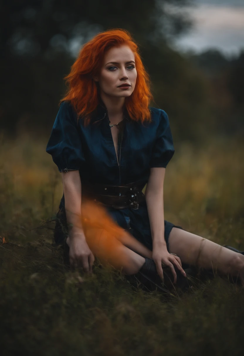 A girl with orange hair, Paired with a blue cyberpunk outfit, On colorful meadows, At night