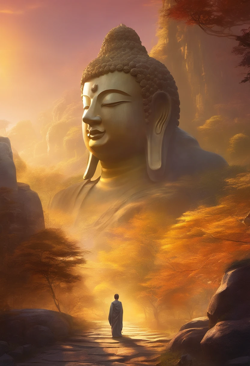 Buddha statue Art, Huge Buddha head in the wilderness，Wasteland, (best quality, masterpiece, photorealistic), very aesthetic, perfect composition, intricate details, ultra-detailed, vivid colors