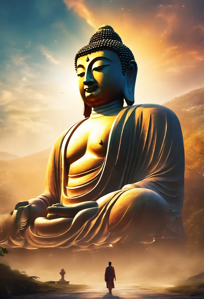 Giant Buddha statue in the distance, stone, Texture, Tall, Majestic, The background is illuminated by sunlight，inverted image，Lateral face，Pilgrims on the road