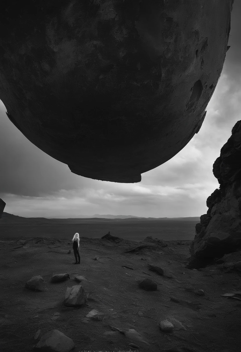 (masterpiece), best quality, expressive eyes, perfect face, 2A, long white hair messy hair, desolate landscape, monochromatic, black and white, full body, ragged clothes, torn clothes, partially nude, scars, cuts, wounds, view from afar, view from behind, wasteland, looking up to the sky, looking up, looking at the sky, fallen space station at distance, space station ruins, space station debris