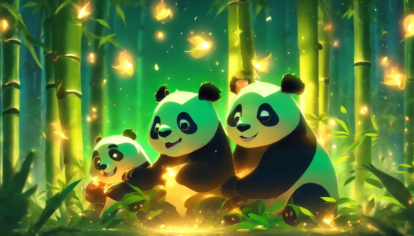 ???? ILLUSTRATION,Silent night, Quiet bamboo forest, Bamboo leaves fall in the wind,Cute and cute giant panda cubs,fatty,Holding bamboo shoots, Full moon in the sky, fireflies flying,((oc rendered))