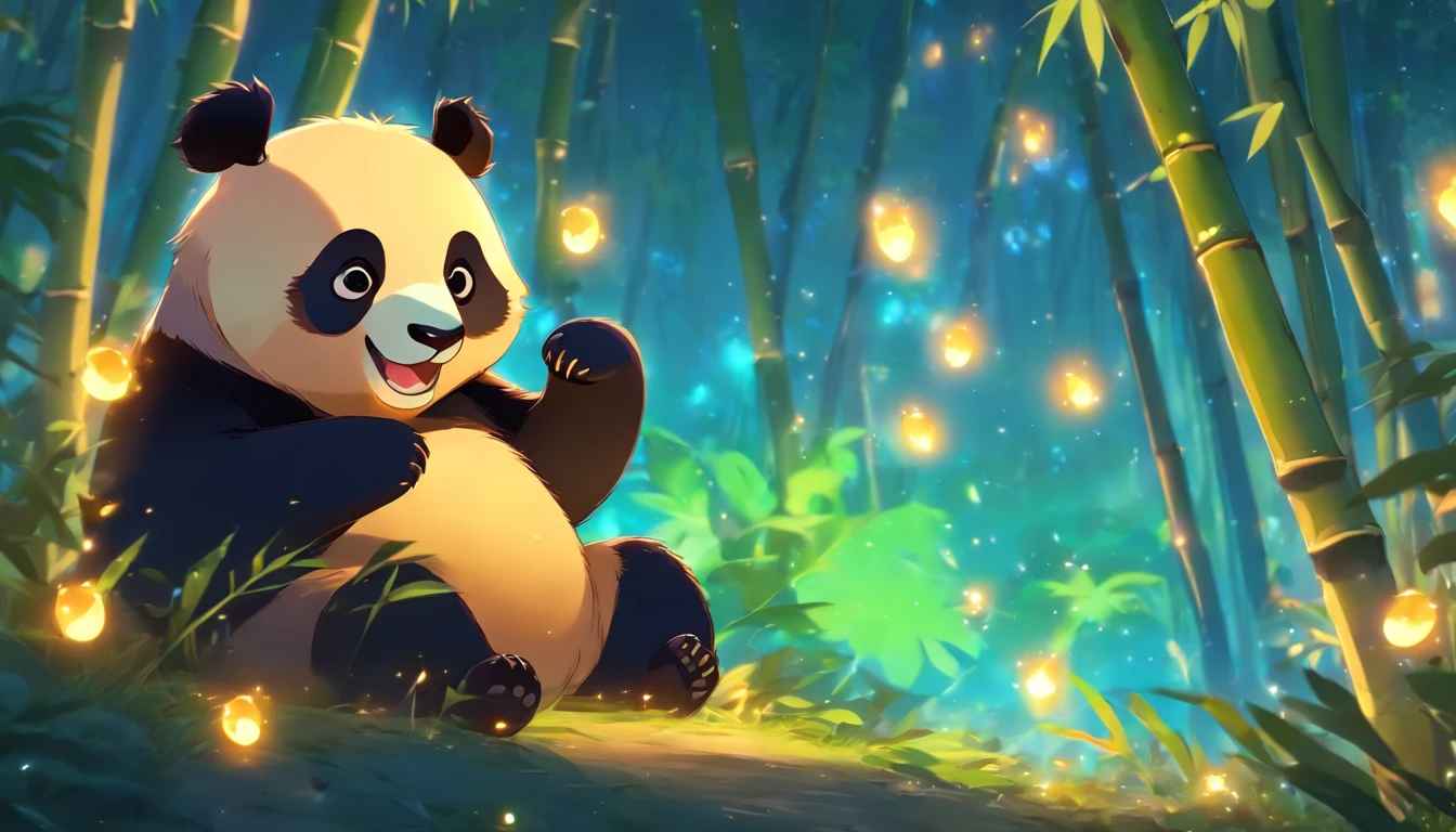 KIDS ILLUSTRATION,Silent night, Quiet bamboo forest, Bamboo leaves fall in the wind,Cute and cute giant panda cubs,fatty,Holding bamboo shoots, Full moon in the sky, fireflies flying,((oc rendered))