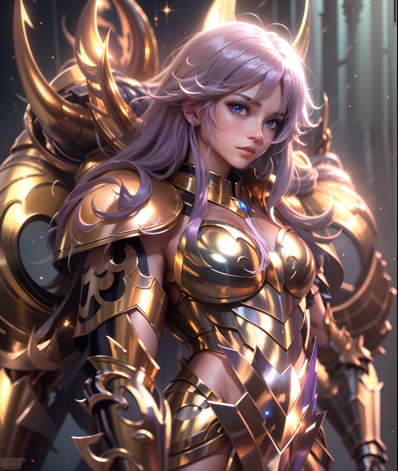 Ultra-high saturation,(tmasterpiece), fully body photo,(best qualtiy), (1girll), starryskybackground,Wearing shiny gold armor, Sexy lingerie type armor,Expose your chest,Expose the waistline,Exposing thighs,cool-pose, Saint Seiya Armor, messy hair,high detal, Anime style, Cinematic lighting, Sparkle, god light, Ray traching, filmgrain, hyper HD, textureskin, super detailing, Anatomical correct, A high resolution,Ultra-high saturation,hight contrast,High-gloss armor,Smooth skin,Serious expressions
