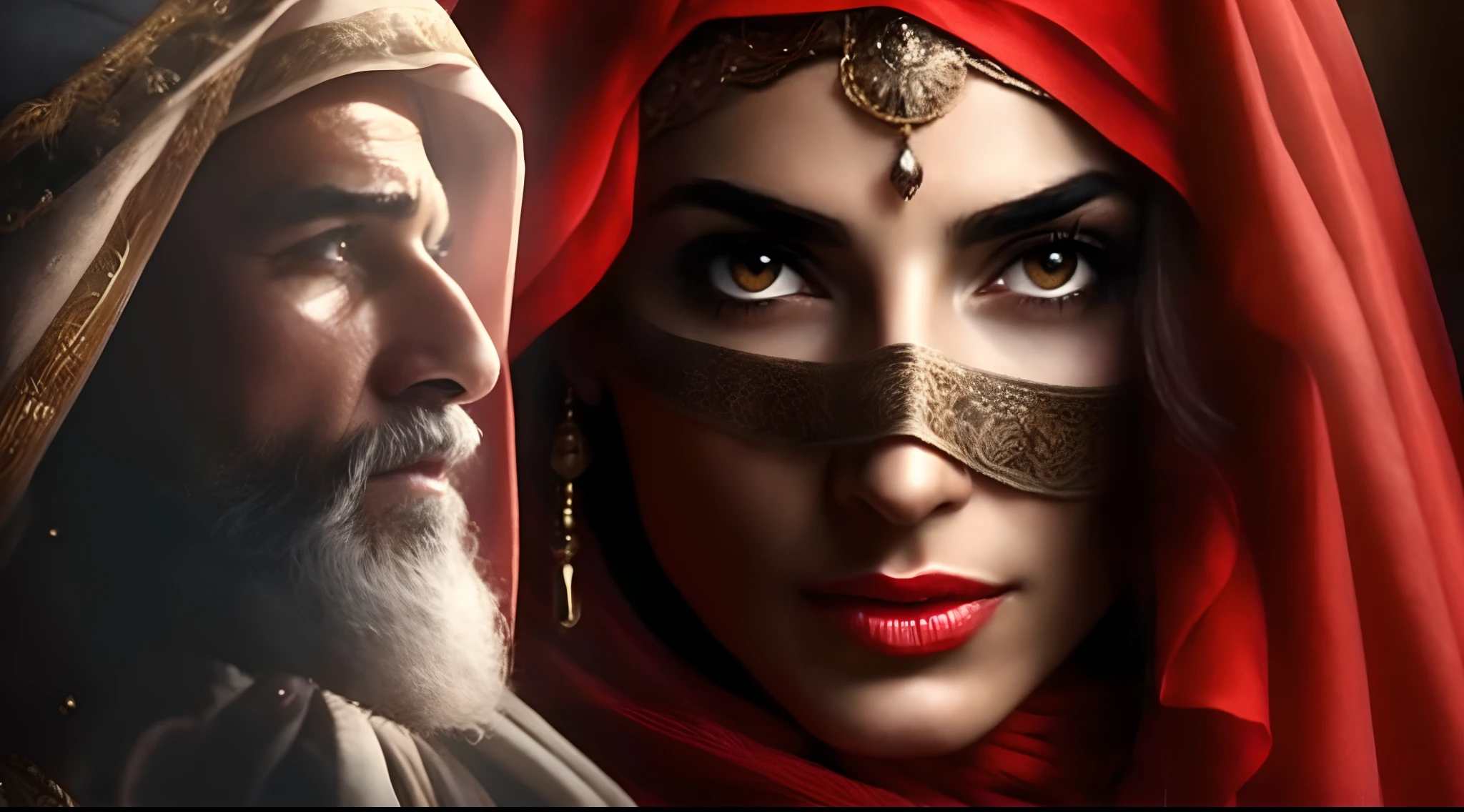 a man and a woman in red clothes with a red veil, middle eastern skin, Maya Ali como D&d feiticeiro, foto de retrato, price of the film persia, Maya Ali Feiticeiro, arabian night, 1001 noites, arabian art, portrait of bedouin d&d, Maya Ali como D&D mago, Maya Ali Feiticeira