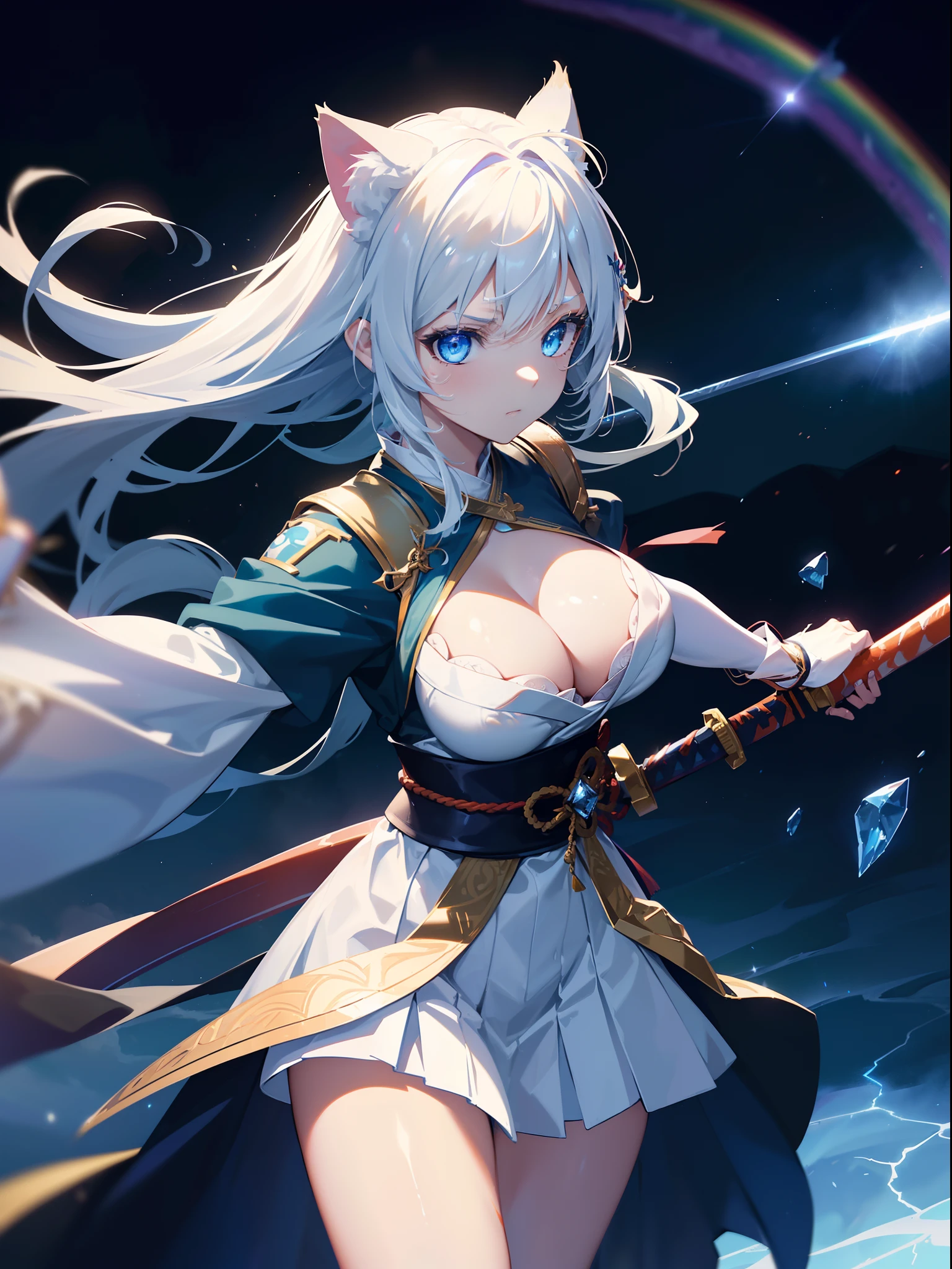 (She has cat ears:1.3),(Sky Eyes 1.3),(Face Focus:1.3), (Murderous ghosts:1.3),(Gentle face:1.3),(long white hair:1.3), hair messy, (Eye color is orange:1.3), (perfectly detailed eyes:1.3),(She cuts detailed squash:1.3),Dynamic Angle,Her skin is pale,(White and blue priestess costume:1.3),(Transverse breasts:1.7),(Dual-wielding combat pose:1.3),(The red glowing samurai sword:1.3),(Sword shining in blue lightning:1.3),She has a samurai sword,dual-wielding,Unleash the Blade of Light,(Colossal tits:1.3),(Chest zoom:1.3),watermelons,Highest Quality, Raise the railgun, ((sanpaku))(Pubic hair shows through)), (Blue glowing thunder sword:1.3),(Fiery Red Sword:1.3),Countless blades glowing blue,Lens Flare, Big rainbow,The moon shines,Star chips, bloom, ((light glow)), chromatic abberation], Digital Painting, Insane details, Intricate details, Beautifully color graded, Unreal Engine, Cinematic , colour grading, Editorial Photography , Photography, Kiss Shot, Canon 5D Camera Photography,Shot on 70mm lens, Depth of subject, ultra sharpness, nffsw, octane, Unreal, Dramatic light, Global Illumination,Motion Picture Film,rainbow,lensflare,(Rainbow Moon Wave Art:1.3),(Sengoku:1.3),(Agfacolor:1.3),(close portrait:1.3),(Feminine:1.4),(Beautiful:1.4),(Attractive:1.3),Move an angle,Themed Background,