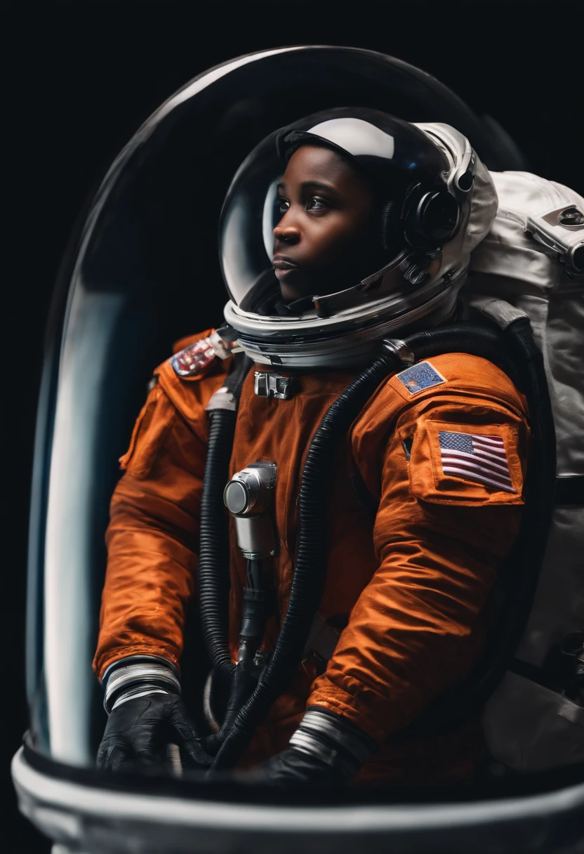 Young black astronaut with helmet in hand and looking straight ahead