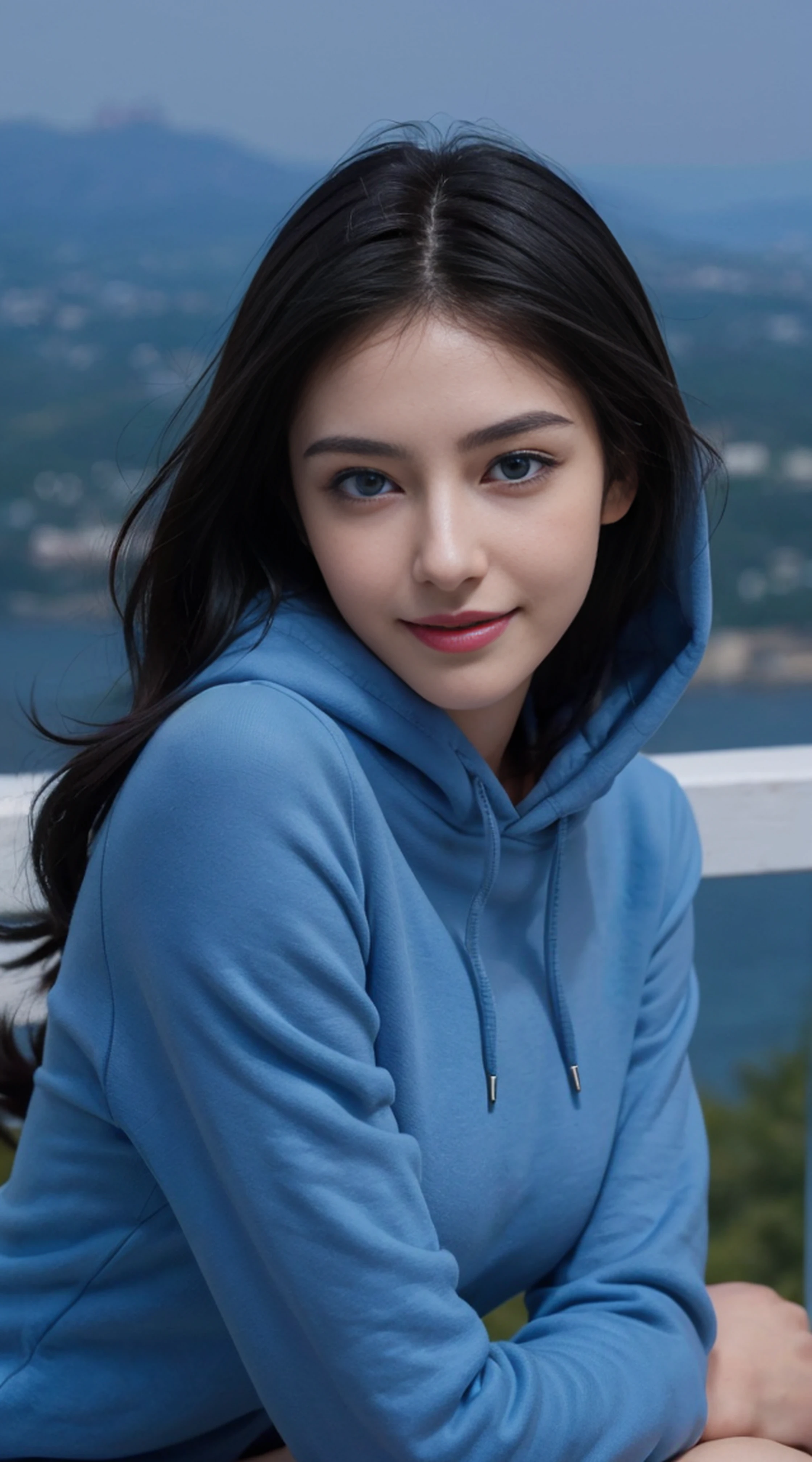 8K, Top Quality, Intricate Details, Ultra Detail, Ultra High Resolution, Masterpiece, random angle,  Slender, Smile, (Makeup: 0.4), (Fluffy Blue Eyes: 1.21), blue Eyes, looking at viewer, ((full body)), 1girl, solo, 1 girl, (( full body)),  Extreme close-up shot, sitting, on side , ((tall)), (((fit body))), (((slim face))), sharp face, sharp eyes, (((black hair, long hair, ))  (detailed face), sharp face, small lips, 
 (( hoodie )),  detailed face, detailed breast, , large breast, detail ass, , Beautiful girl with accentuated slender abs: 1.4, Six Pack Abs: 1.4, Bust Botox, Big, Perfect Body, detail leg, (( moonlight)), top of mountain