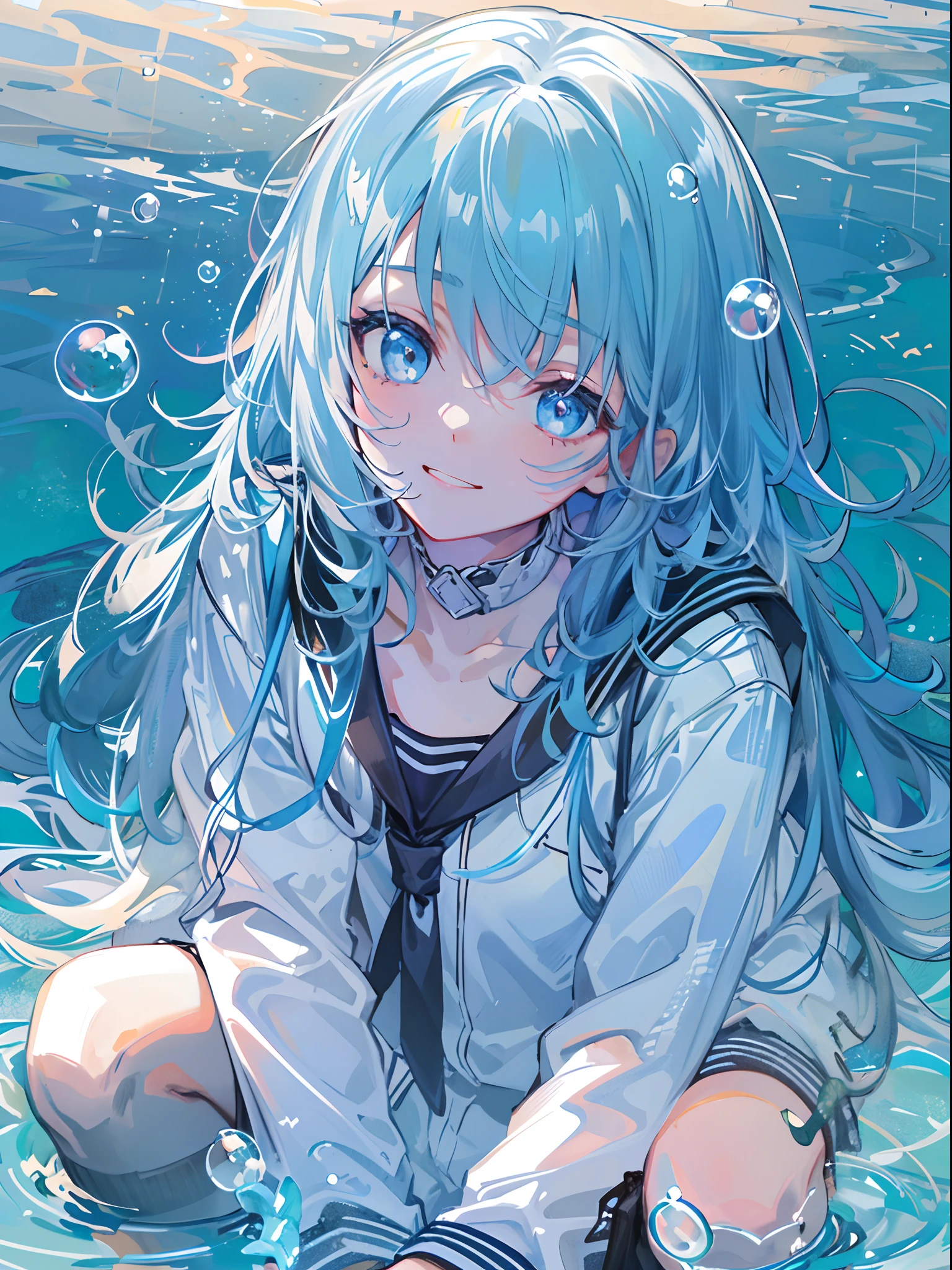 ((top-quality)), ((​masterpiece)), ((ultra-detailliert)), (extremely delicate and beautiful), girl with, 独奏, cold attitude,((Black jacket)),She is very(relax)with  the(Settled down)Looks,A dark-haired, depth of fields,evil smile,Bubble, under the water, Air bubble,bright light blue eyes,Inner color with light blue hair and dark blue tips,Cold background,Bob Hair - Linear Art, shortpants、knee high socks、White uniform like school uniform、Light blue ribbon ties、Clothes are sheer、Hands in pockets