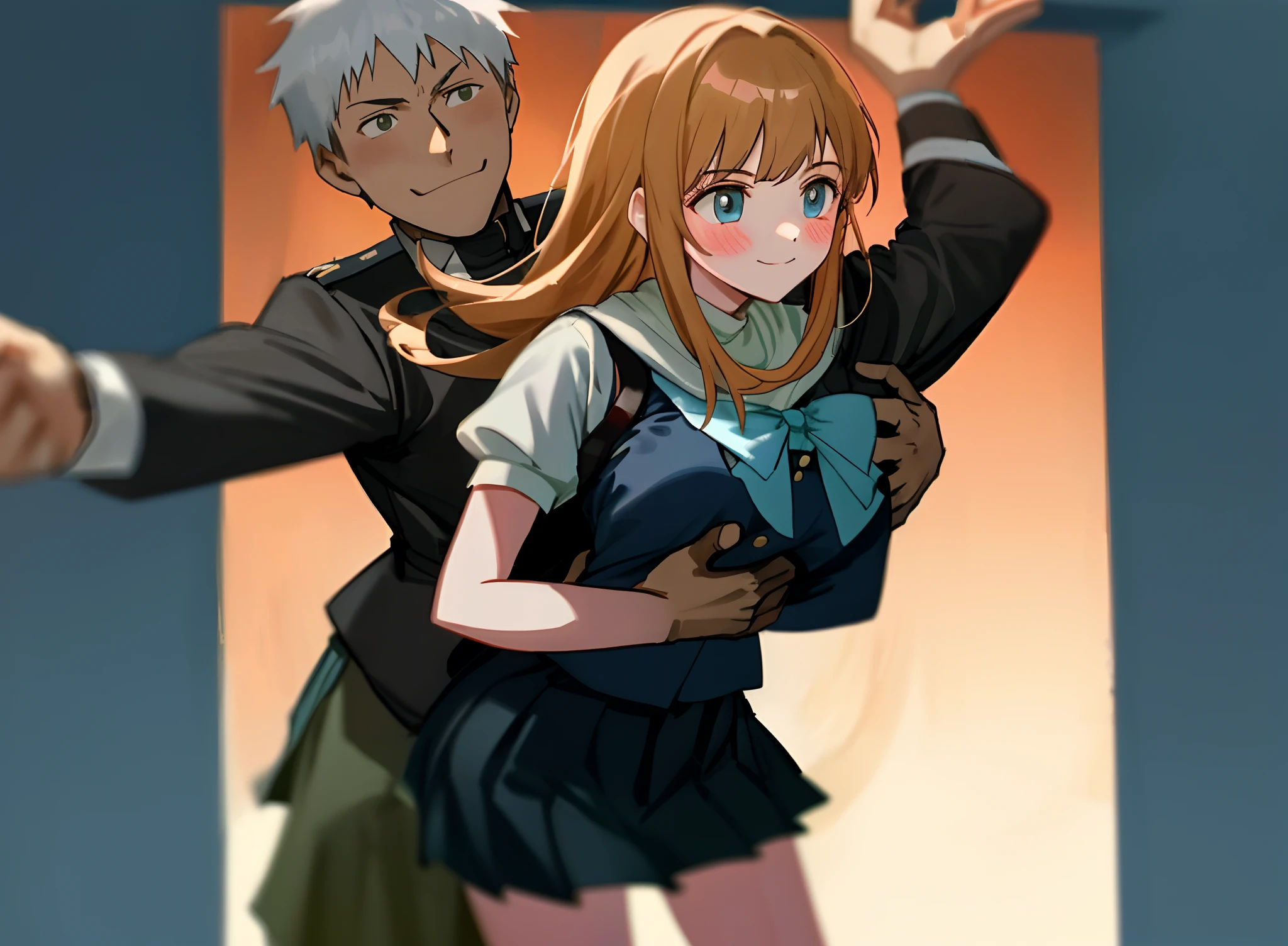 The man hugged the girl from behind,Hands reached into the girl's chest,Lift the girl's legs,The man is rude and cunning,The girl is wearing a skirt,Shy,His face was flushed,