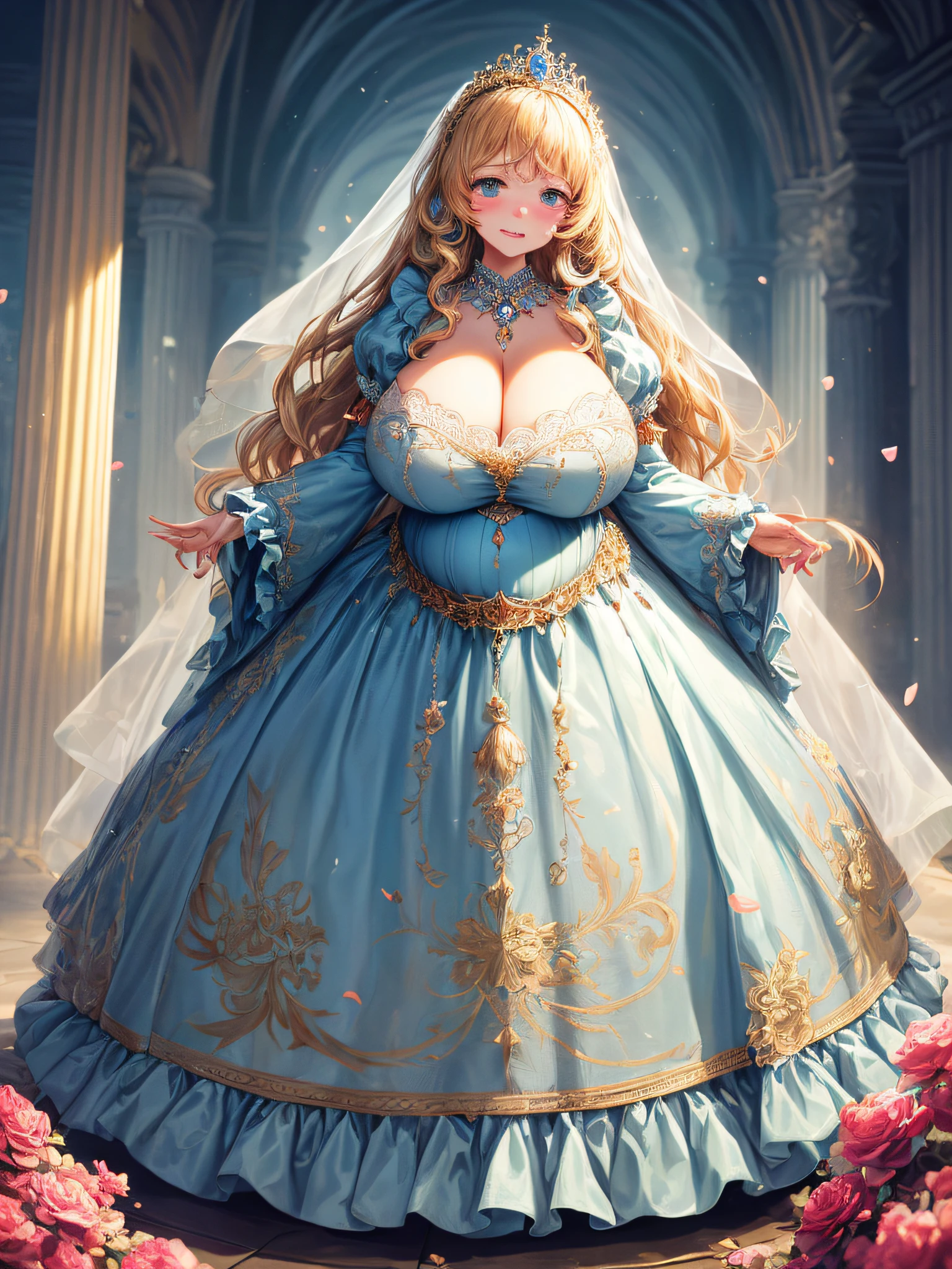 (masterpiece, best quality,extremely detailed:1.1),(moe anime art style:1.2),1girl,((full body,focus face)),((solo)), cute, kawaii,digital art,((1 bling-bling pregnant princess wearing beautiful embroidery and jeweled gorgeous princess rococo ballgown with voluminous full length hoop skirt)),(((heavily pregnant))),very big pregnant belly,((crinoline)),long train,voluminous frills,(gorgeous embroidery and beautiful lace),((very gigantic boobs,skindentation)),cleavage,shiny hair,(((very long hair,large amount of straight hair))),((embarrassed,cry)),((finely detailed face and eyes)),clear pupil,extremely gorgeousfull hair ornament,(bling-bling jeweled extremely gorgeousfull tiara),(bling-bling gorgeous gemstone jewelry),long veil,beautiful background,fantasy background,flowers,flower petals flowing,full body,((beautiful embroidery and jeweled ruffled gorgeous princess rococo ballgown with voluminous full length hoop skirt))