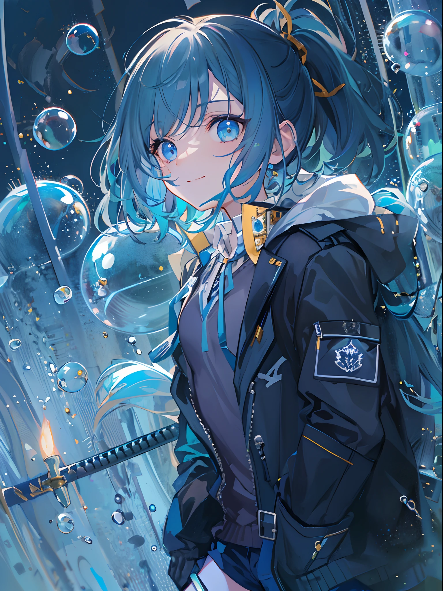 ((top-quality)), ((masterpiece)), ((ultra-detailliert)), (extremely delicate and beautiful), girl with, 独奏, cold attitude,((Black jacket)),She is very(relax)with the(Settled down)Looks,A dark-haired, depth of fields,evil smile,Bubble, under the water, Air bubble,bright light blue eyes,Inner color with light blue hair and dark blue tips,Cold background,Bob Hair - Linear Art, shortpants、knee high socks、White uniform like school uniform、Light blue ribbon ties、Clothes are sheer、Hands in pockets
