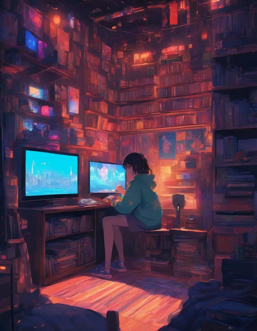 There was a girl sitting on the bed in the room playing video games, Big TV, room with books, Cyberpunk, inspired by Liam Wong, At night, Dark room, lo-fi illustration style, gaming bedroom, Study in the room, Cyril tumbled and meters.Kaluta, Teenm.