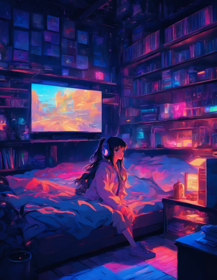 There was a girl sitting on the bed in the room playing video games, Big TV, Teen room with books, Cyberpunk, inspired by Liam Wong, At night, Dark room, lo-fi illustration style, gaming bedroom, Study in the room, Cyril tumbled and meters.Kaluta, Teen room.