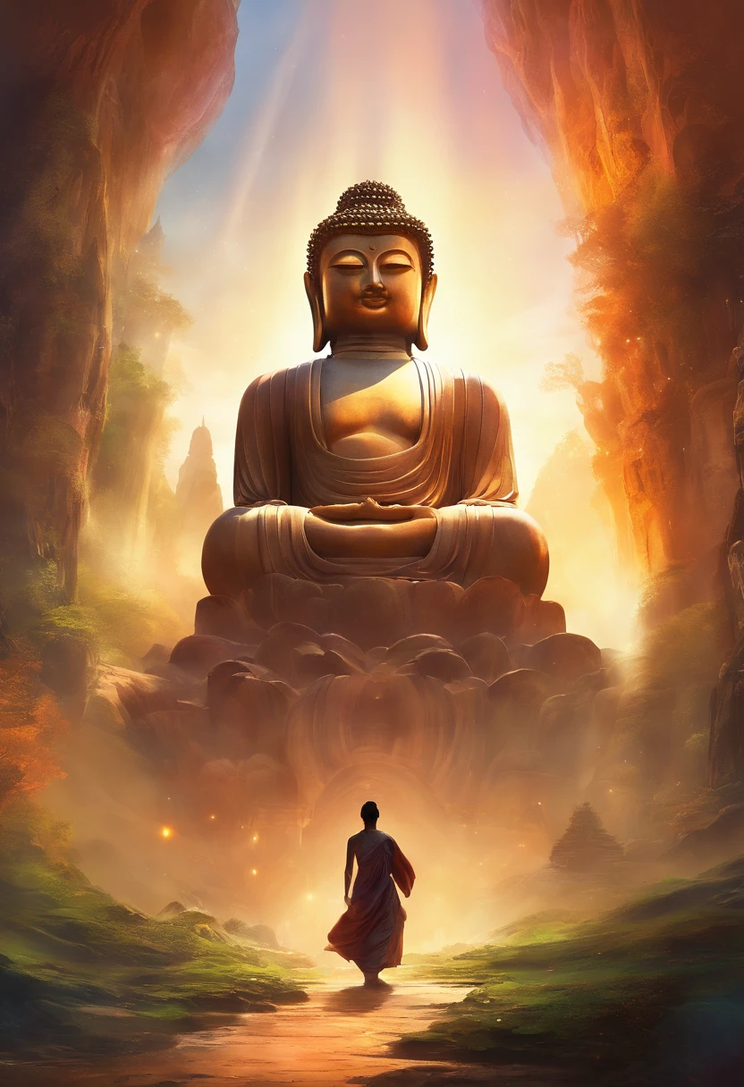 Giant Buddha statue in the distance, stone, Texture, Tall, Majestic, The background is illuminated by sunlight,inverted image,Lateral face,Pilgrims on the road