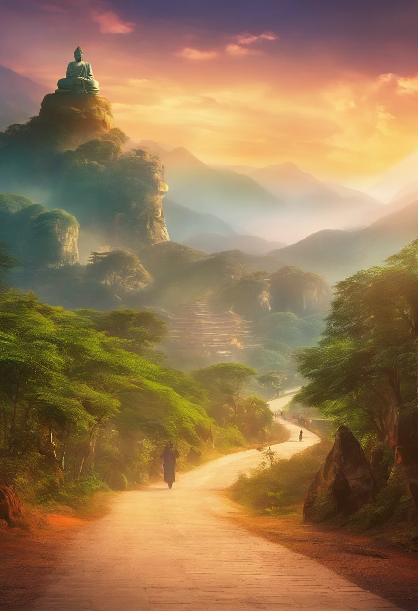 Giant Buddha statue in the distance, stone, Texture, Tall, Majestic, The background is illuminated by sunlight,inverted image,Lateral face,Pilgrims on the road