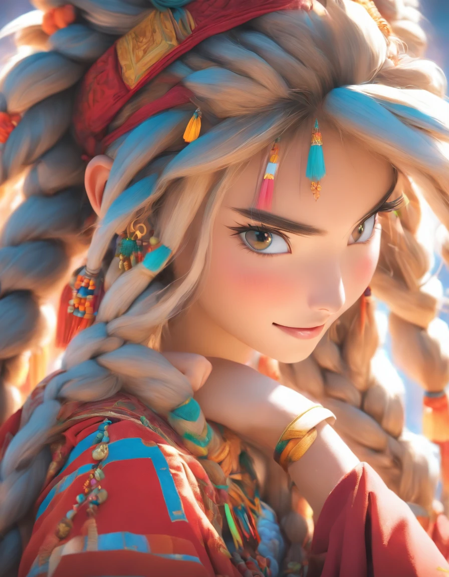 A girl, Long braids, Tibetan girl, Close-up, Raise your head slightly, Smile, Bust photo, Upper body, Appearance Yang Chaoran, Gorgeous Tibetan costumes, Cumbersome Tibetan necklace, Cumbersome Tibetan headdress, Fluff on clothes, White animal flute, Live-action CG, Sweet style, Film style, high definition 4k