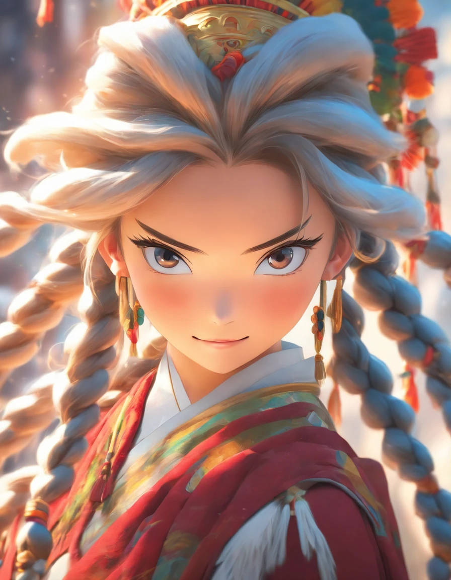 A girl, Long braids, Tibetan girl, Close-up, Raise your head slightly, Smile, Bust photo, Upper body, Appearance Yang Chaoran, Gorgeous Tibetan costumes, Cumbersome Tibetan necklace, Cumbersome Tibetan headdress, Fluff on clothes, White animal flute, Live-action CG, Sweet style, Film style, high definition 4k