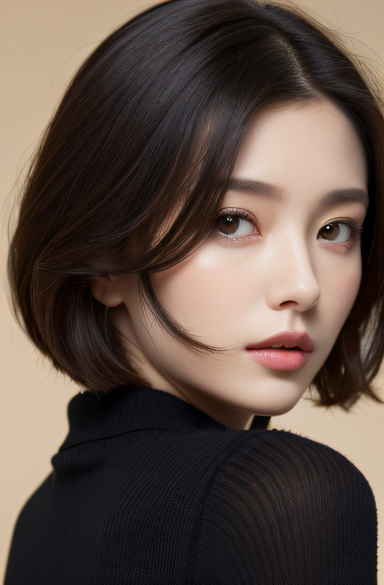 masuter piece:1.3)、(8K、Photorealsitic、Raw photography、top-quality: 1.4)、(1girl in)、Very beautiful face、(Very realistic face)、(A dark-haired、short-hair:1.3)、Very beautiful hairstyle、Very realistic eyes、Very beautiful details、(Very realistic skin)、Very beautiful skin、(Sweaters)、absurderes、Very attractive、超A high resolution、A hyper-realistic、high-detail、the golden ratio